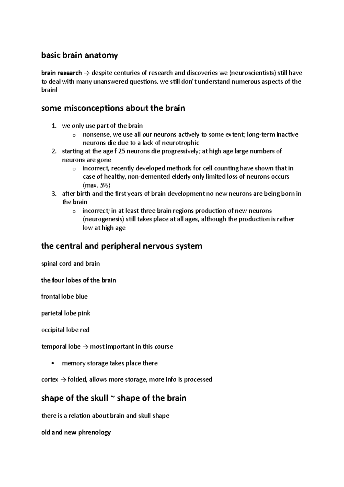 Basic Brain Anatomy Lecture Notes: Behavioral Neuroscience (BNS 101 ...