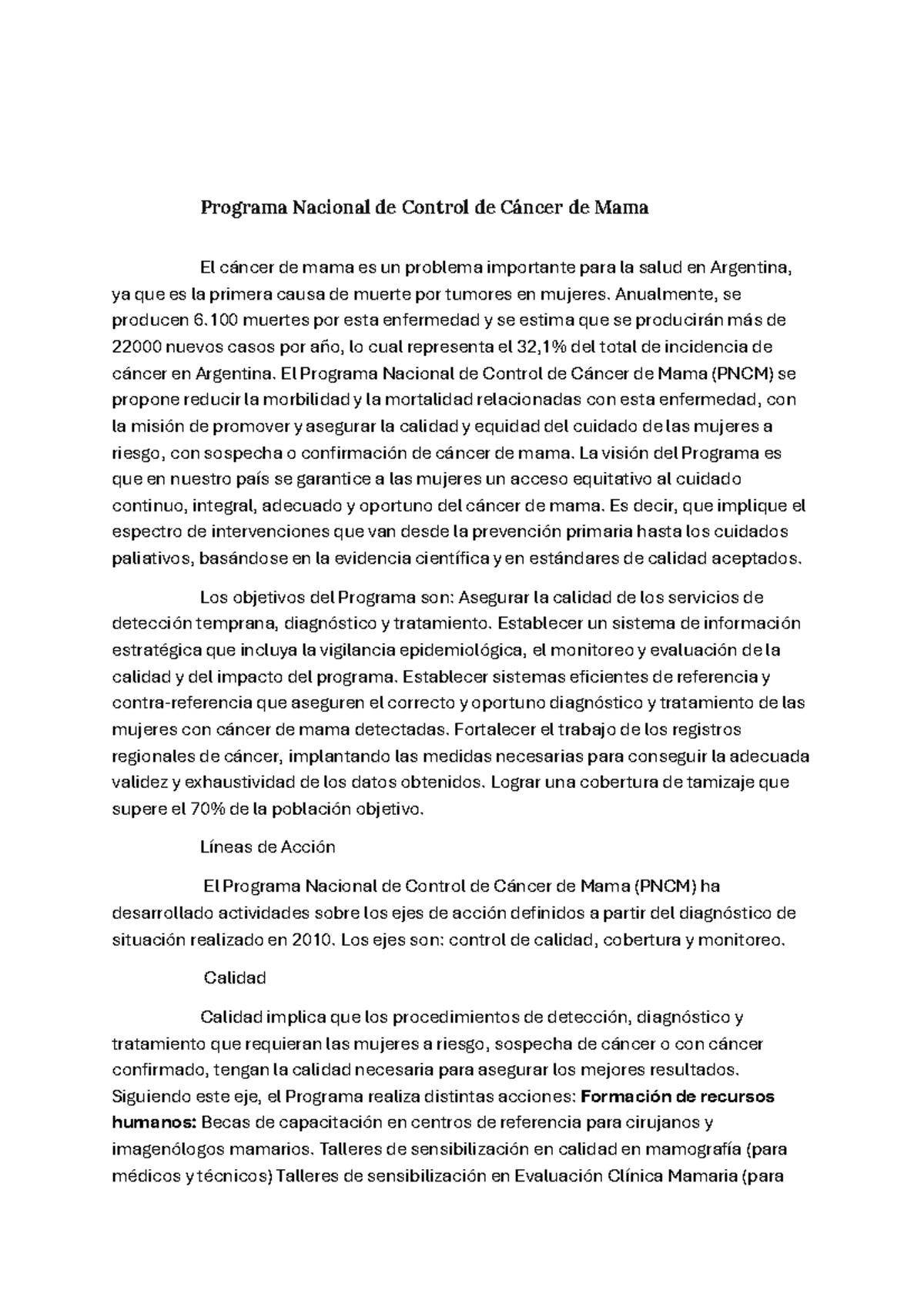 Programa Nacional de Control de Cáncer de Mama (PNCM) en Argentina ...