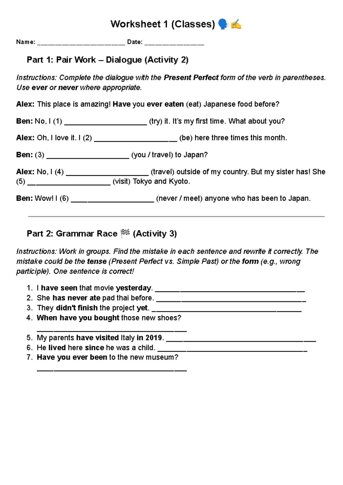 Worksheet 1 & 2: Present Perfect Practice Activities - Studocu