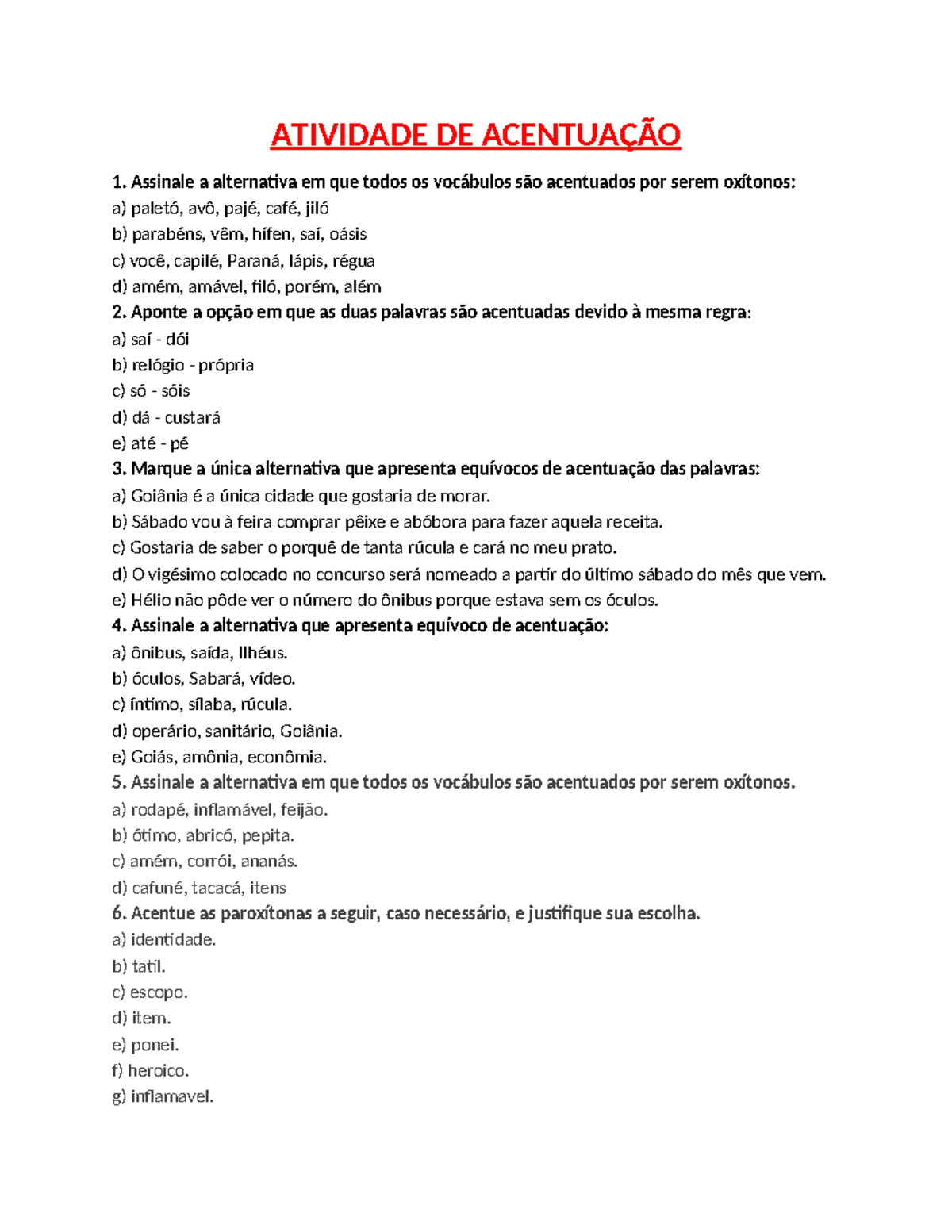 Atividade de Acentuação: Exercícios e Questões Práticas - Studocu