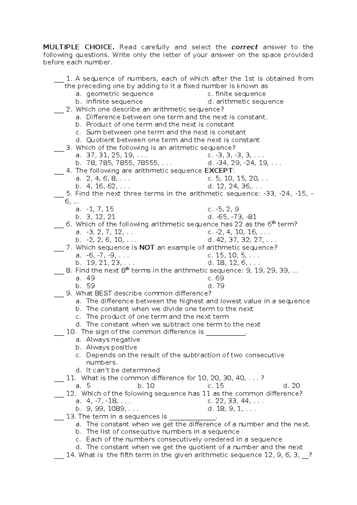 Mathematics 10 Week 1-2 Summative Assessment: Multiple Choice Questions ...