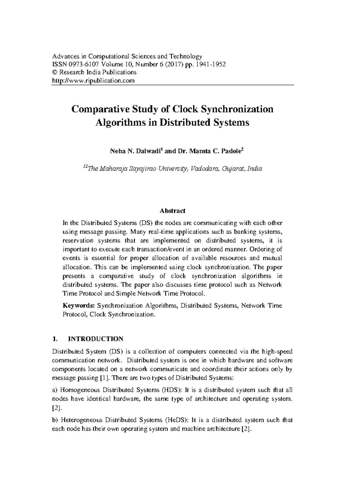 Comparative Study of Clock Sync Algorithms in Distributed Systems DC ...