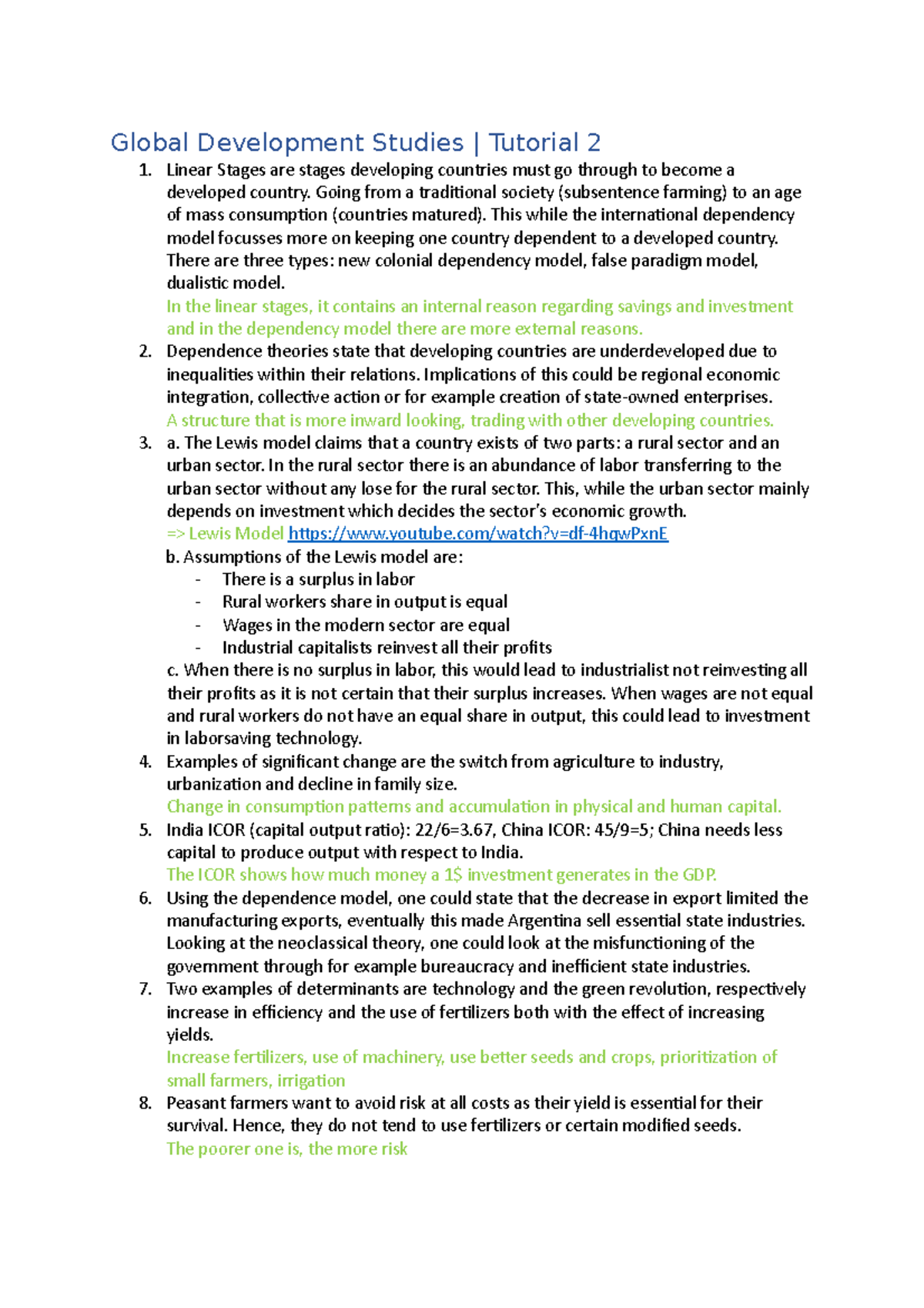 Global Development Studies - Tutorial 2 Notes on Economic Models ...