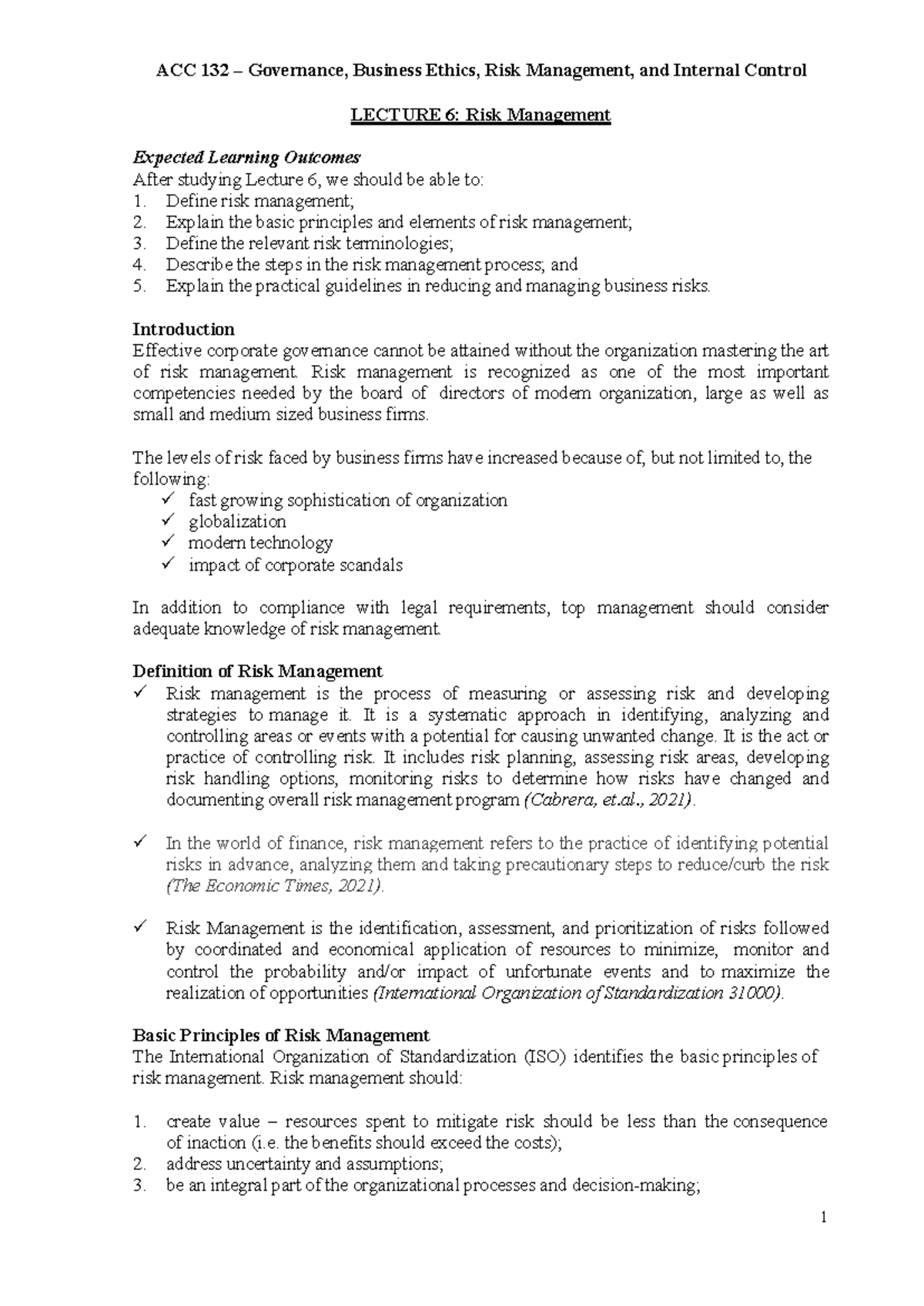 ACC 132 Lecture 6: Risk Management Principles and Practices - Studocu