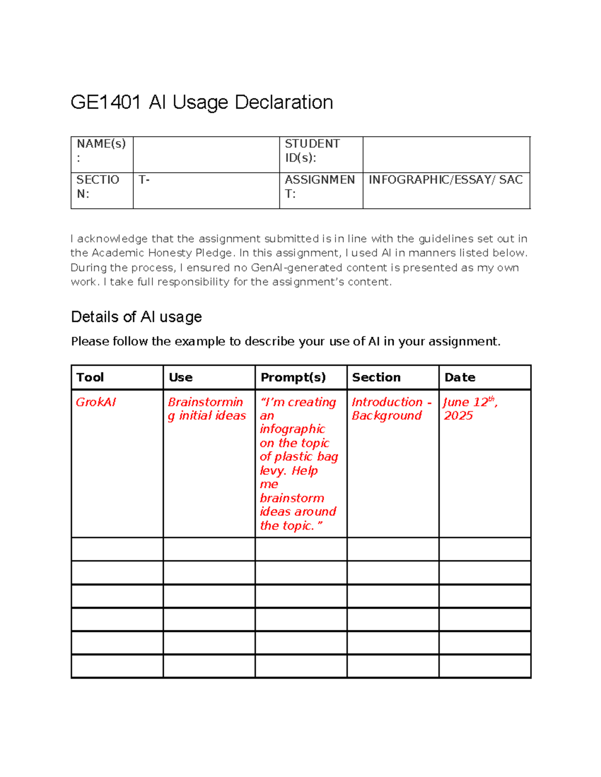 GE1401 AI Usage Declaration and Acknowledgment Form - Studocu