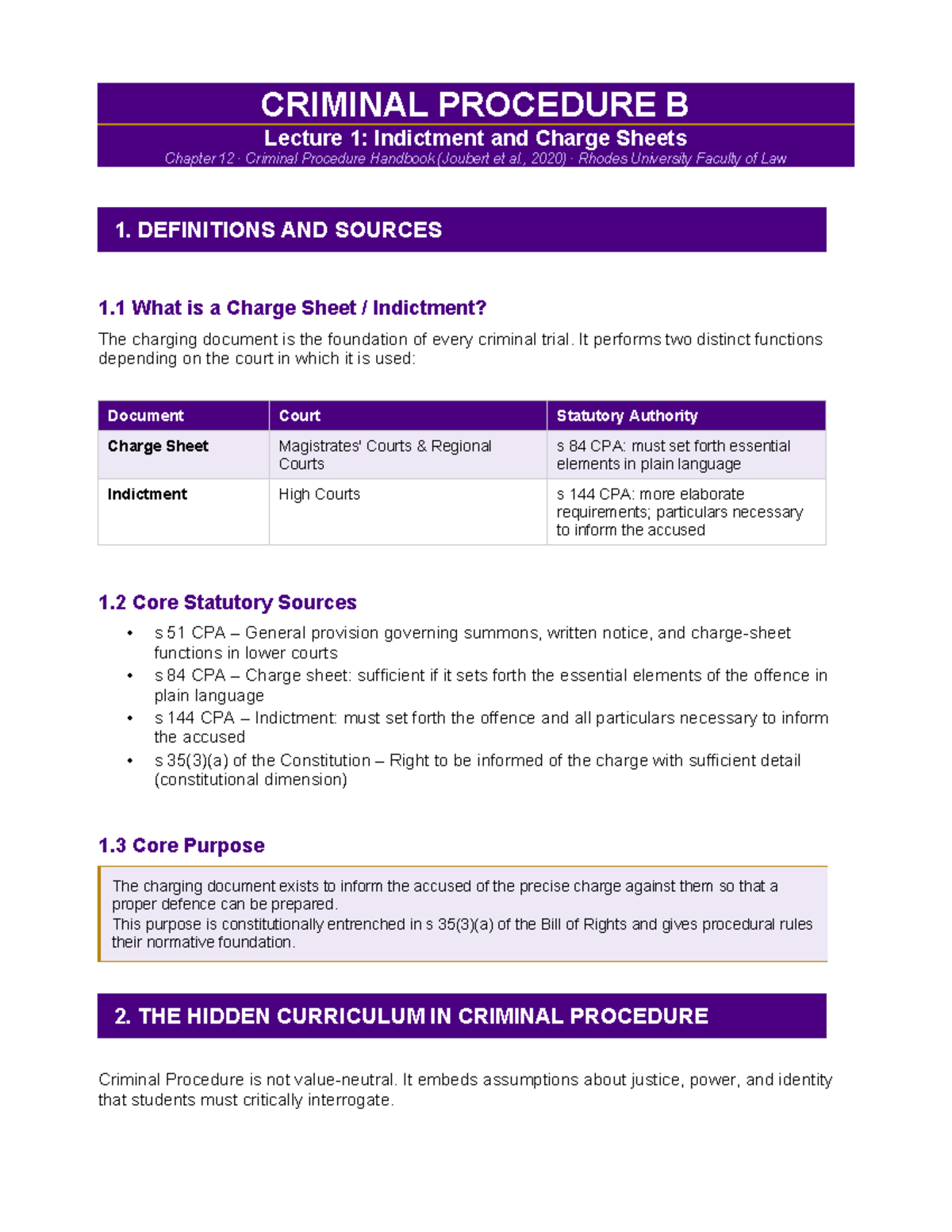 CRIMINAL PROCEDURE B Lecture 1: Indictment & Charge Sheets Summary ...