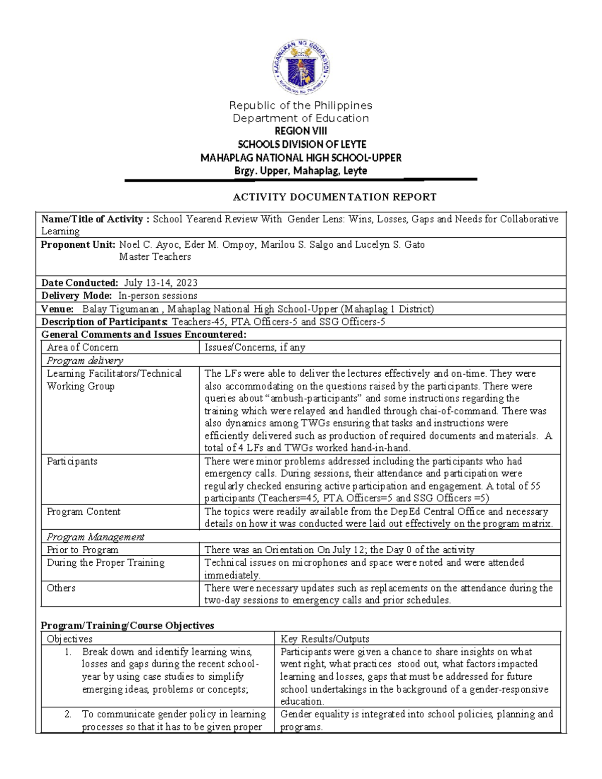 Activity Documentation Report on Yearend Review: Wins & Gaps - Studocu