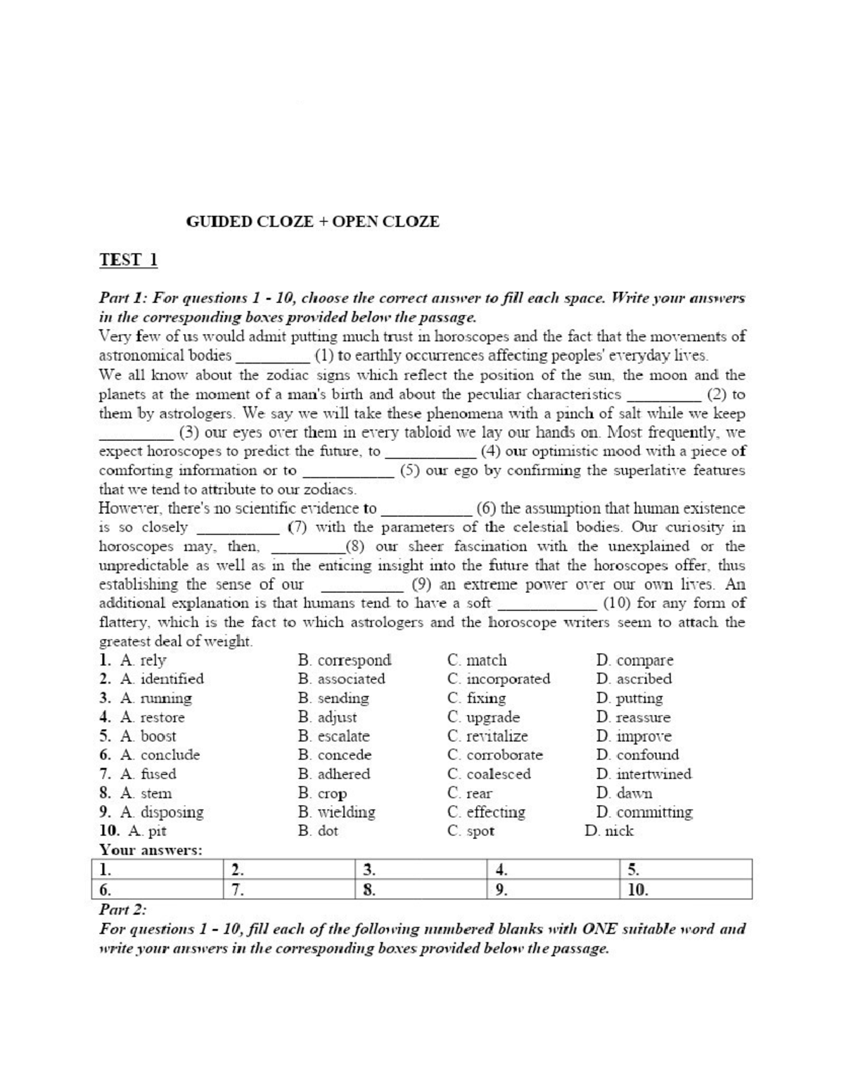 Guided Cloze Test 1 & 2: English Language Practice Document - Studocu