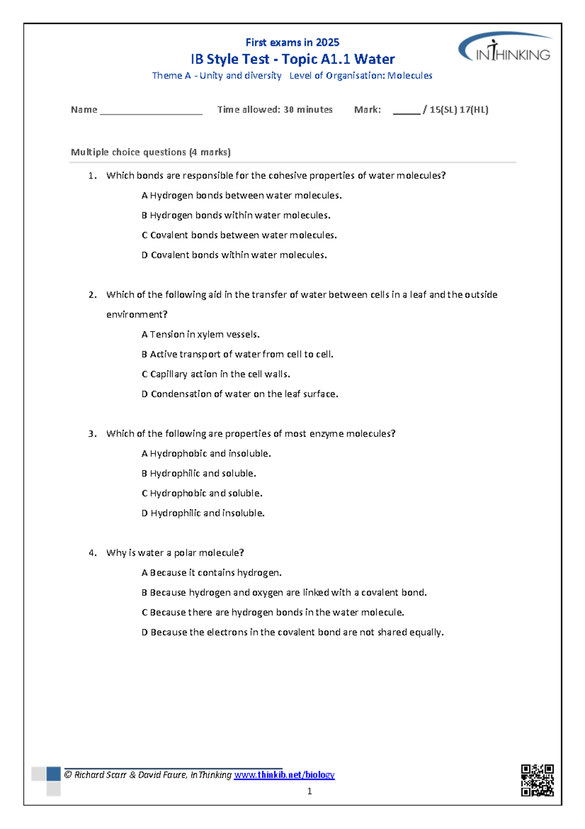 2025 IB Style Test: A1.1 Water Theme A - Unity & Diversity Exam - Studocu