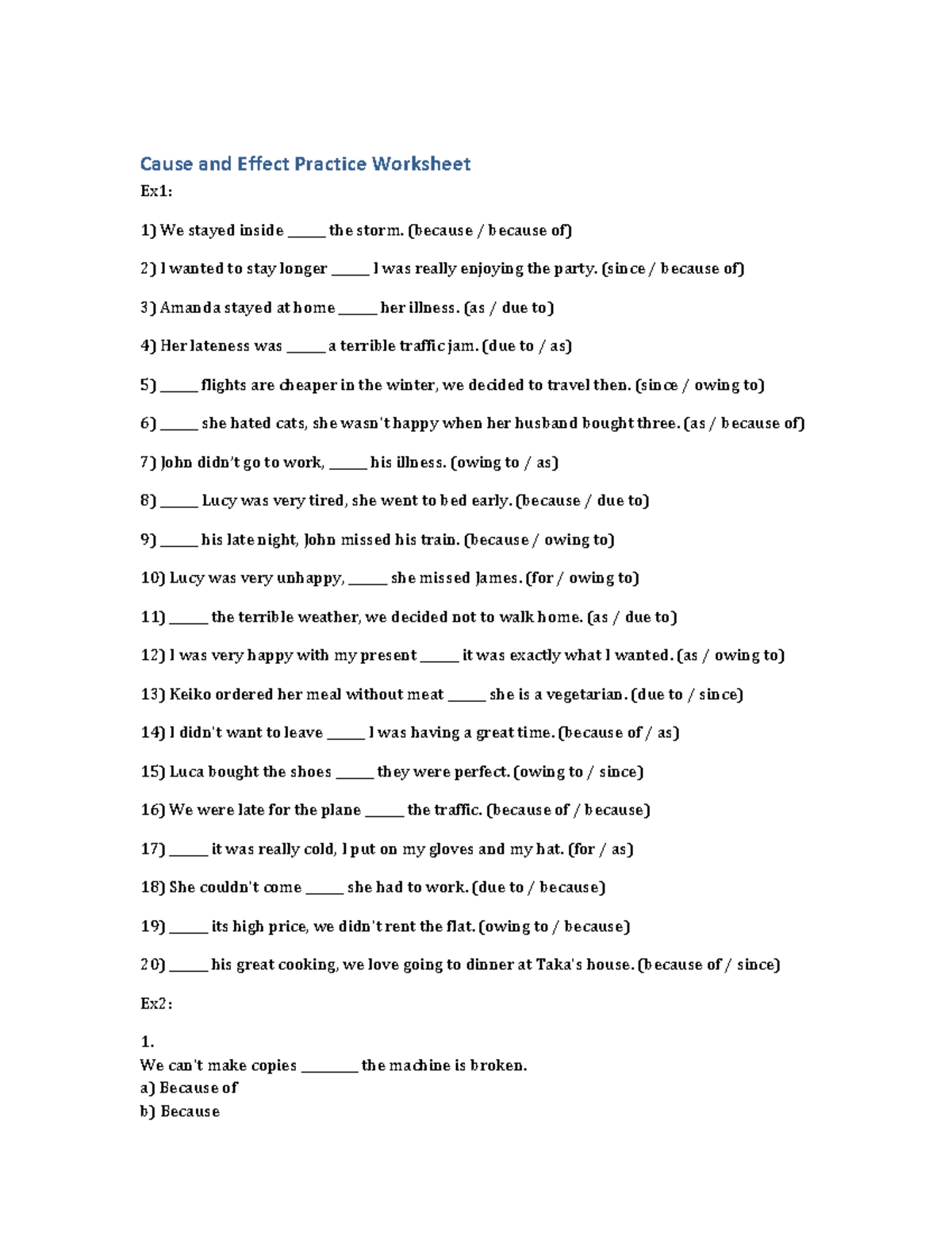 Cause and Effect Practice Worksheet: Exercises 1 & 2 - Studocu