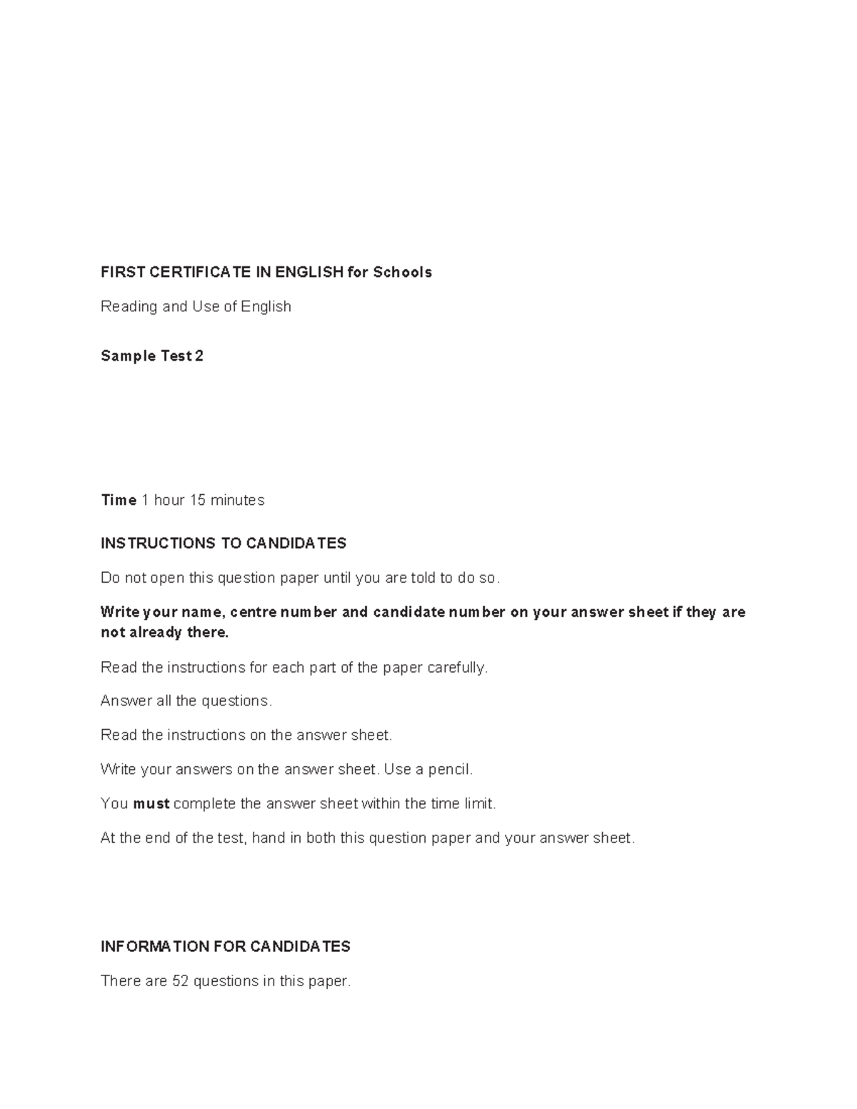B2 First for Schools Reading and Use of English Sample Test 2 - Studocu