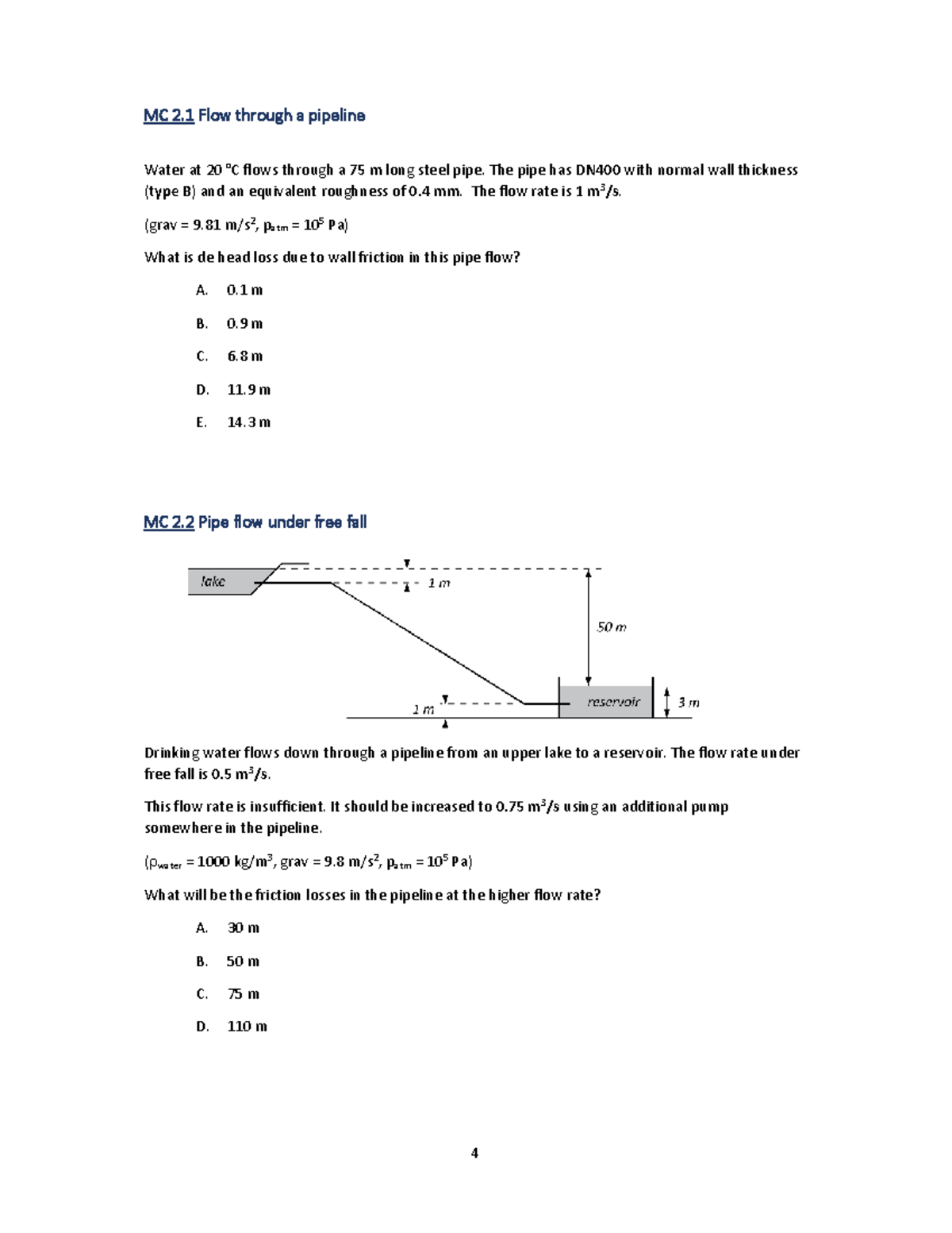 4PC00 - Multiple Choice Questions - Chapter 2 Pipe Flow Analysis ...