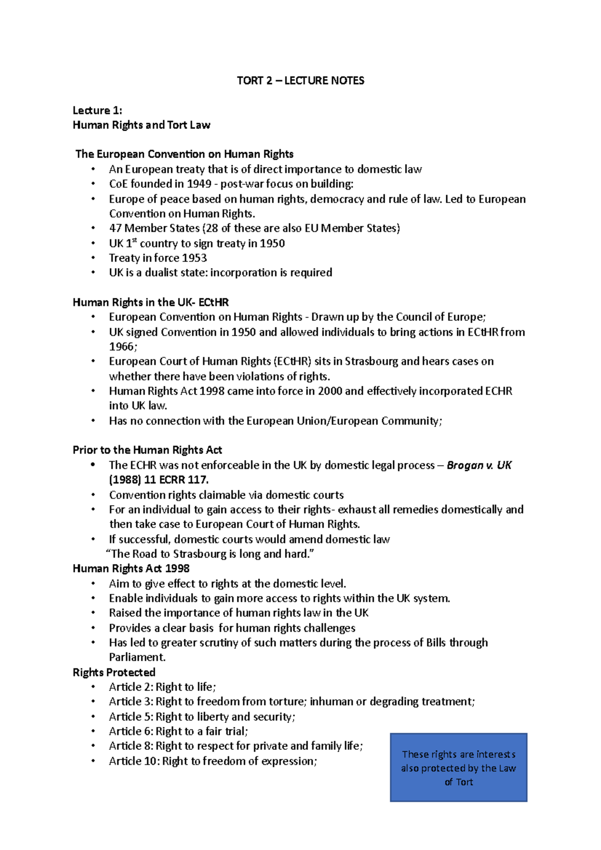 TORT 2 - Lecture Notes on Human Rights and Defamation Law - Studocu