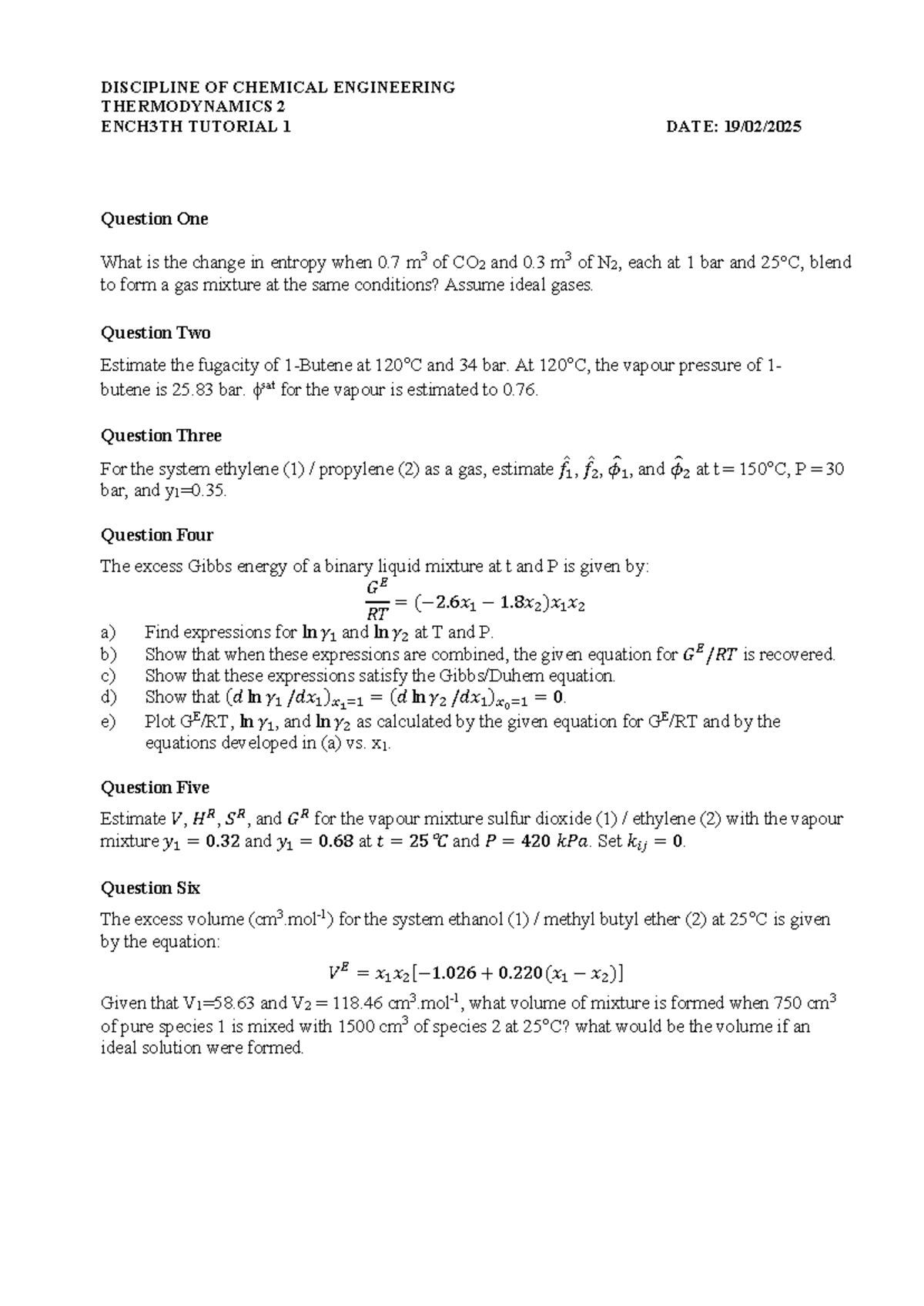 ENCH3TH - Thermodynamics 2 Tutorial 1: Entropy & Gibbs Energy ...