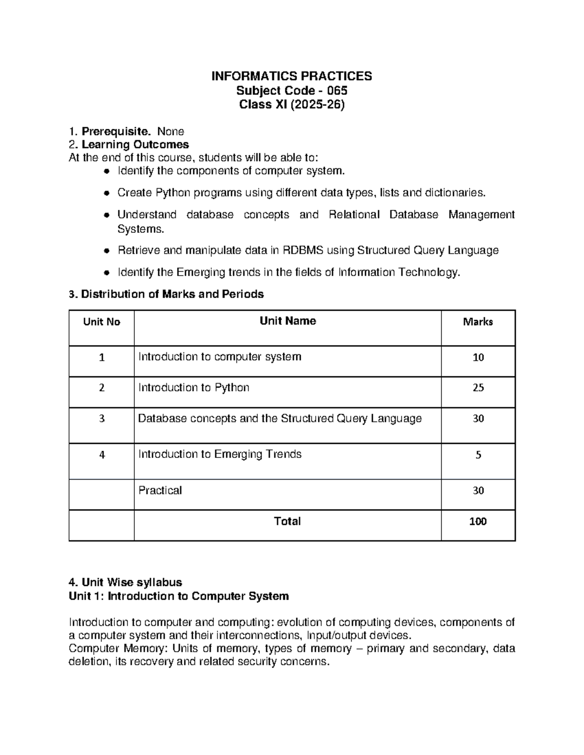 Informatics Practices Class XI & XII Syllabus Overview (Code 065) - Studocu