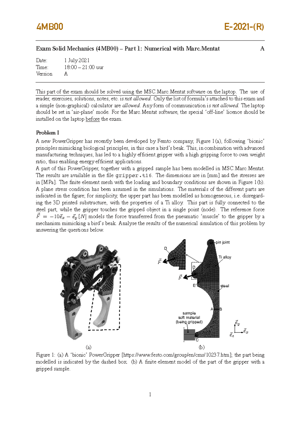 Final Exam Solid Mechanics (4MB00) – Part 1: Numerical - Studeersnel