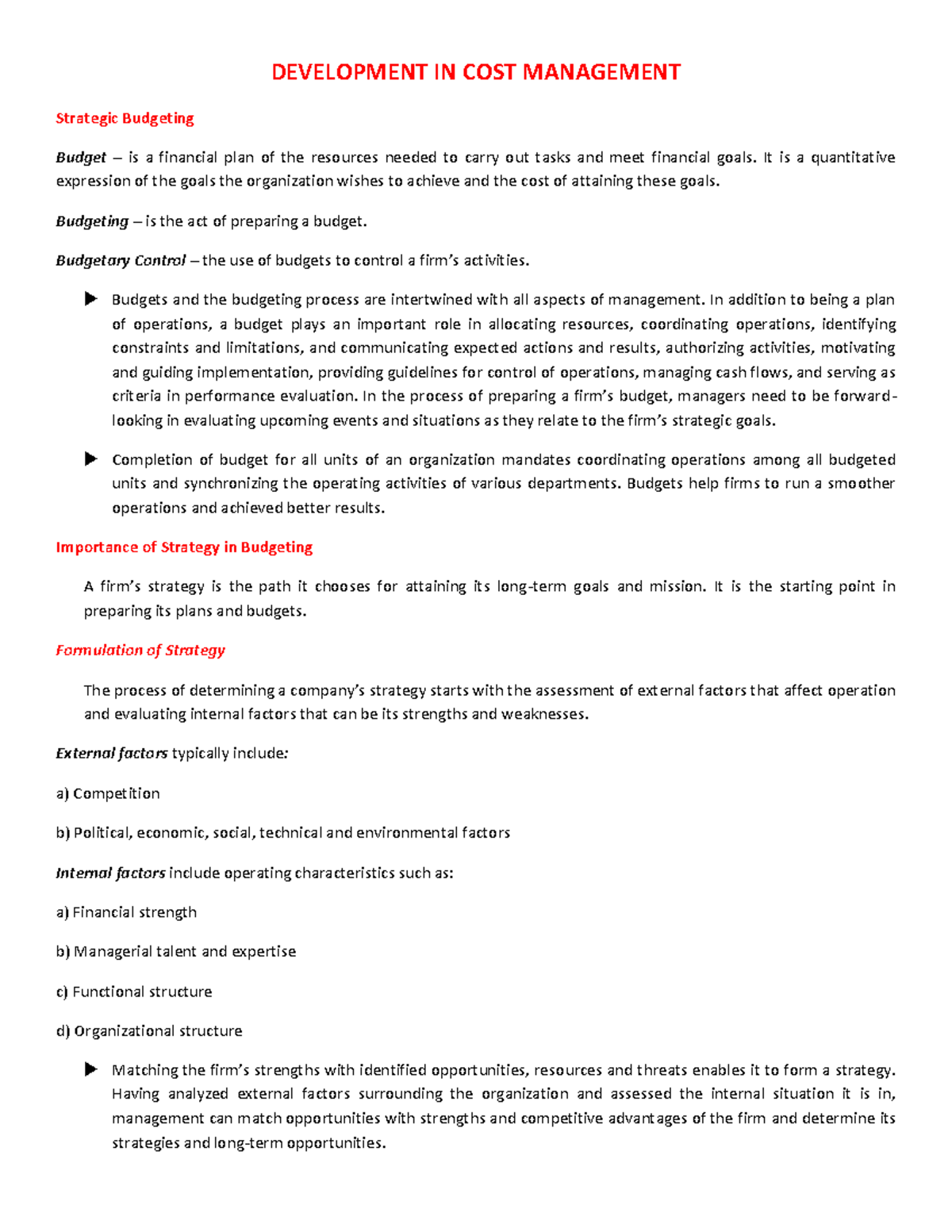 Development in Cost Management: Strategic Budgeting Overview - Studocu