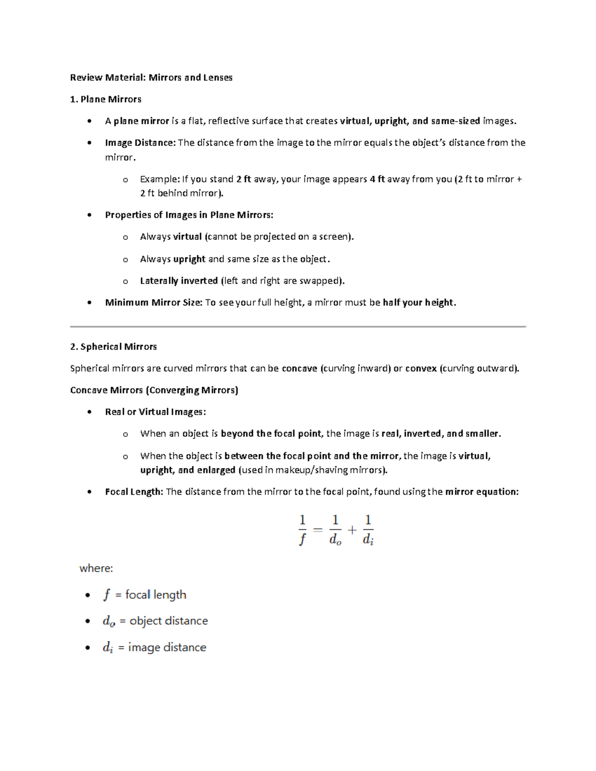 Review Material Chapter 23 - Review Material: Mirrors and Lenses 1 ...