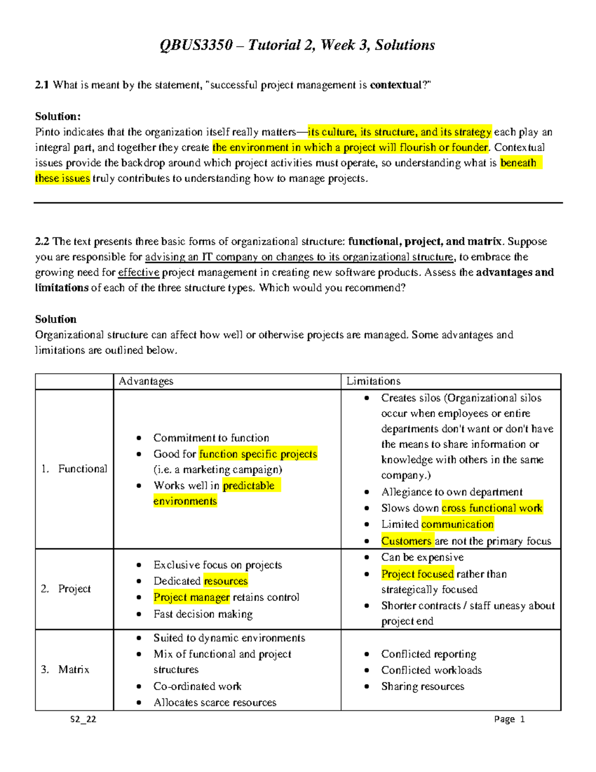 QBUS3350 S2 22 Tutorial 2 Solutions: Project Management & Stakeholders ...