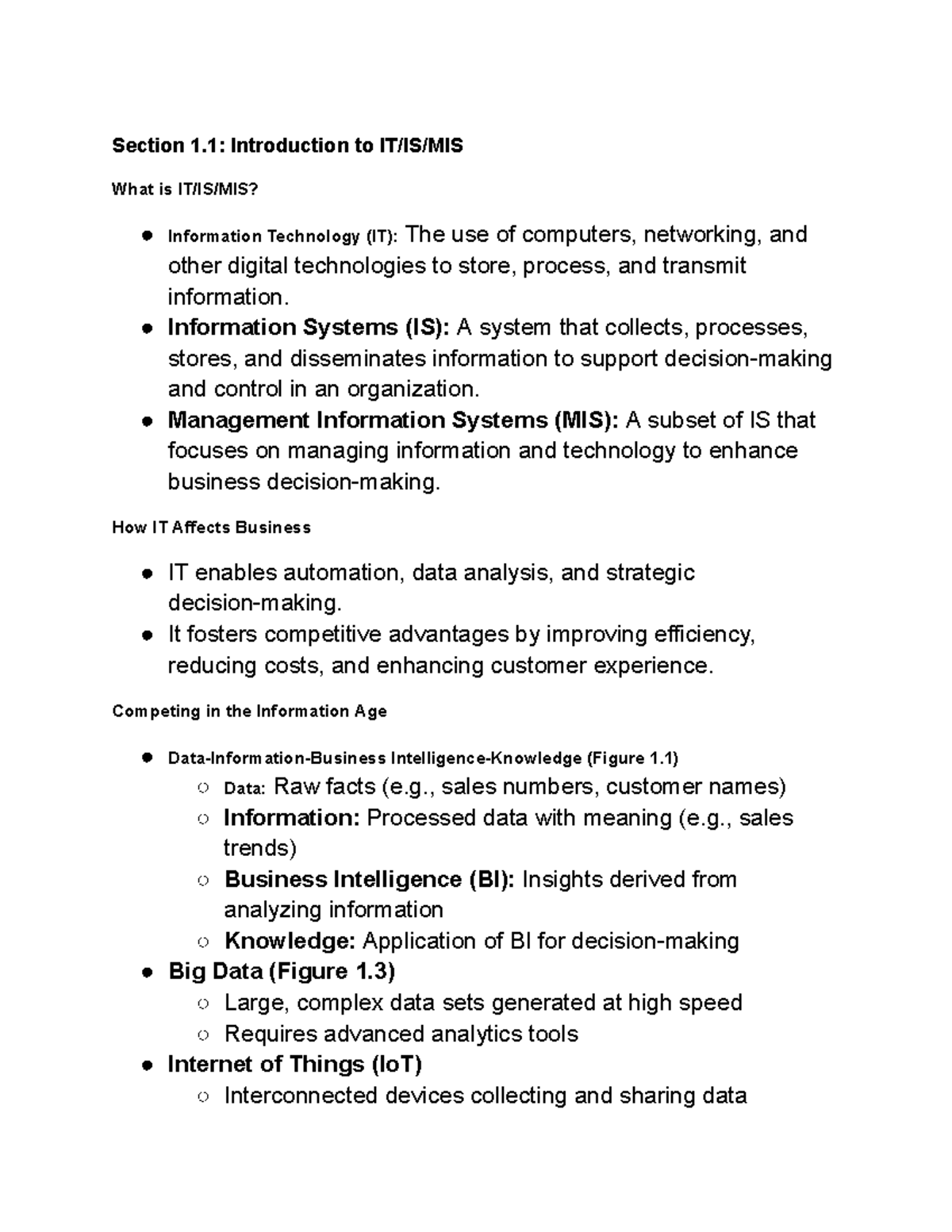 MIS 101: Exam 1 Study Guide on IT, IS, and Business Strategies - Studocu