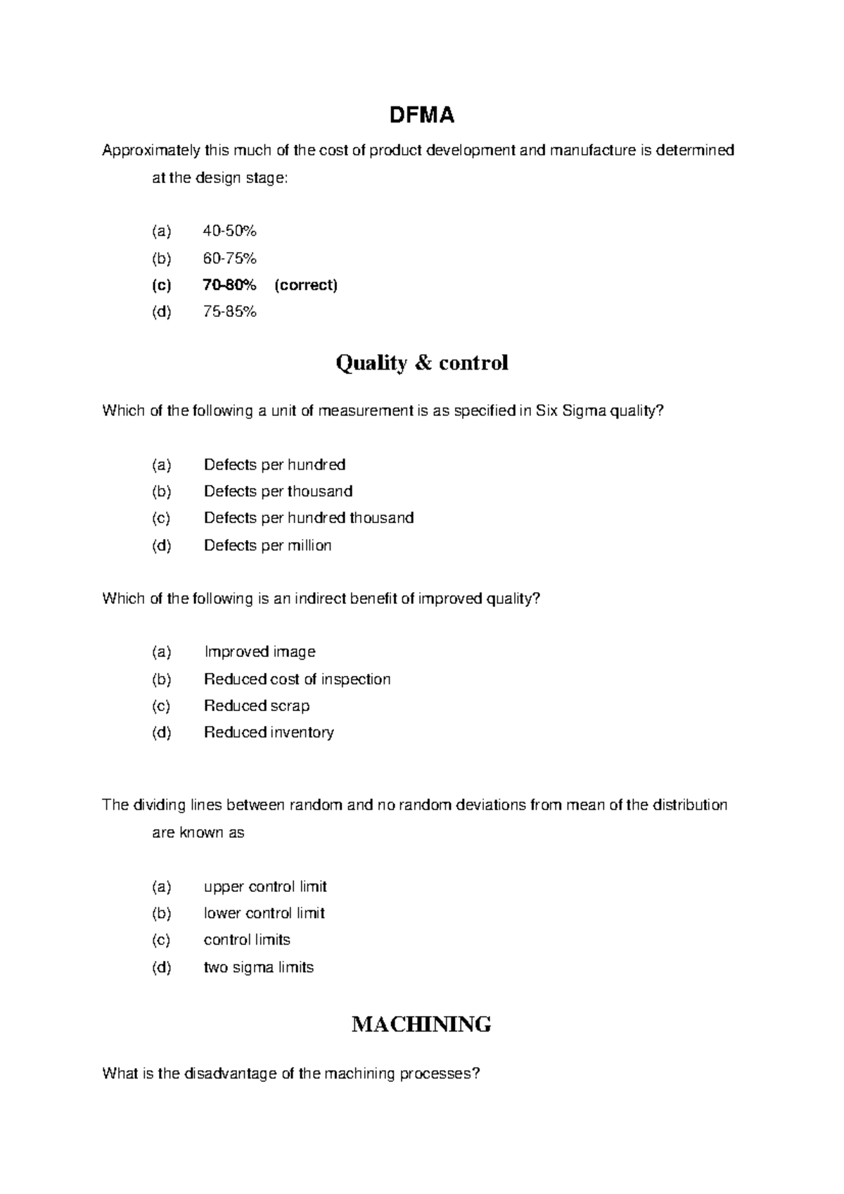 DFMA Sample MCQs for Elective Course (DFMA 101) - Studocu