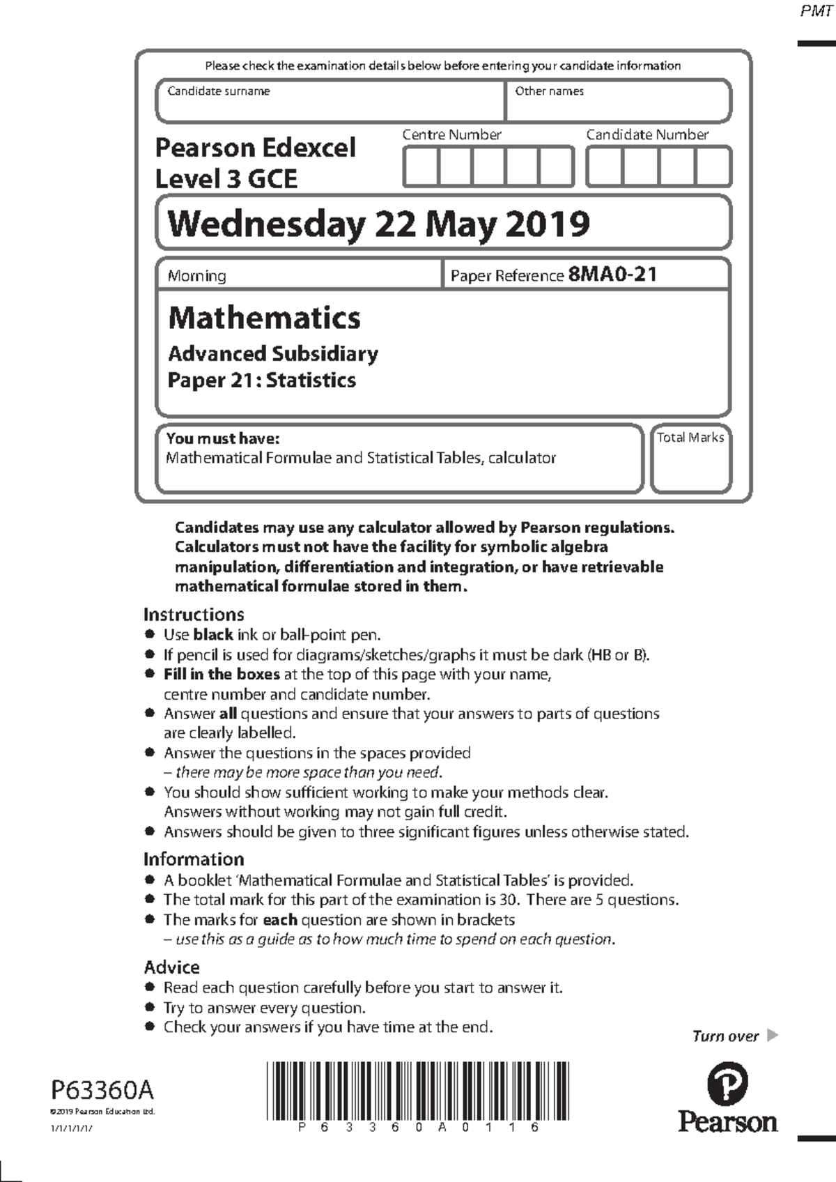 June 2019 Edexcel Level 3 GCE Statistics Exam Paper - Studocu