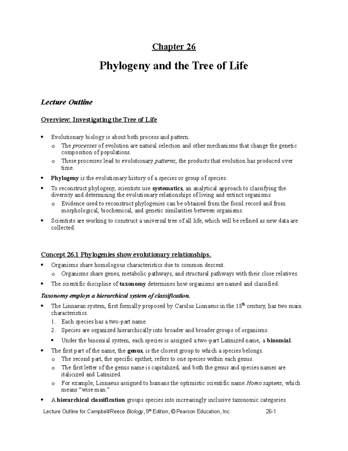 Chapter 26: Phylogeny and the Tree of Life Lecture Notes - Studocu