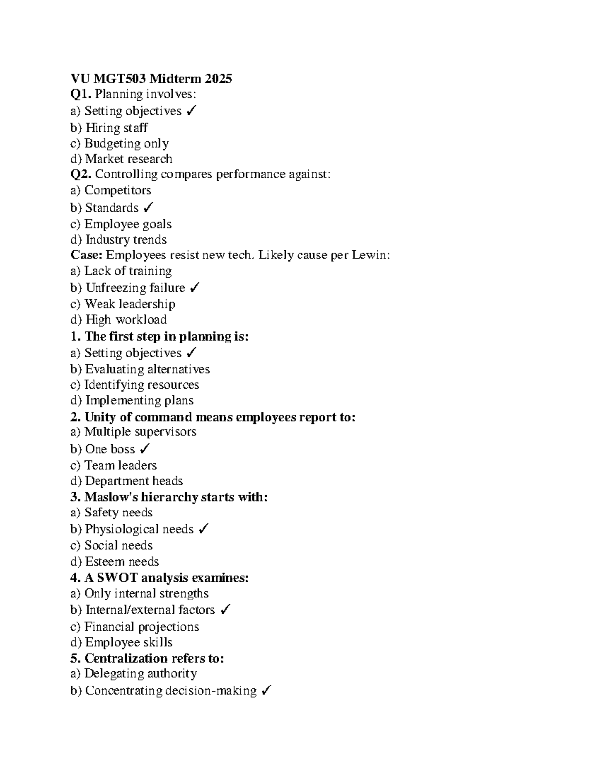 MGT503 Midterm Exam Review: Key Concepts and MCQs for 2025 - Studocu