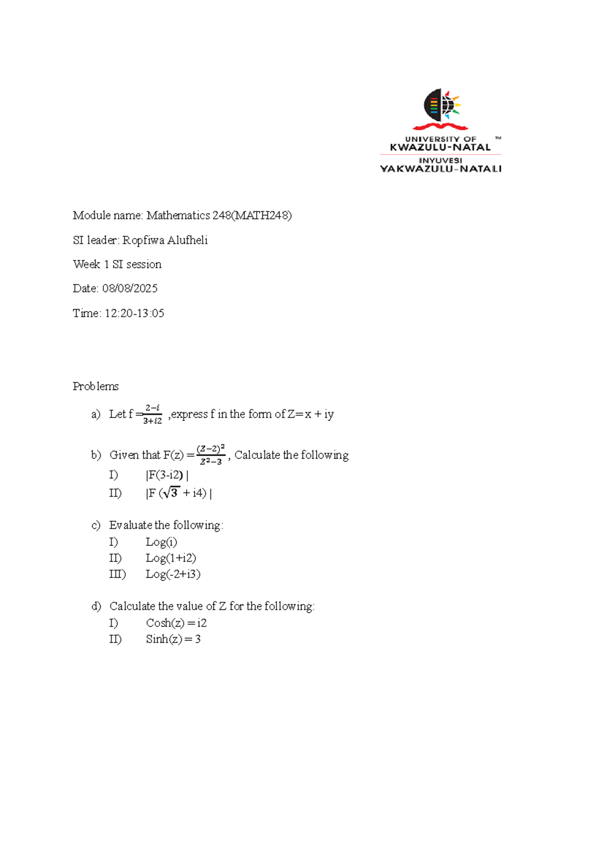 Week 1 SI 08 -AUG-2025 - practise - Module name: Mathematics 248 ...