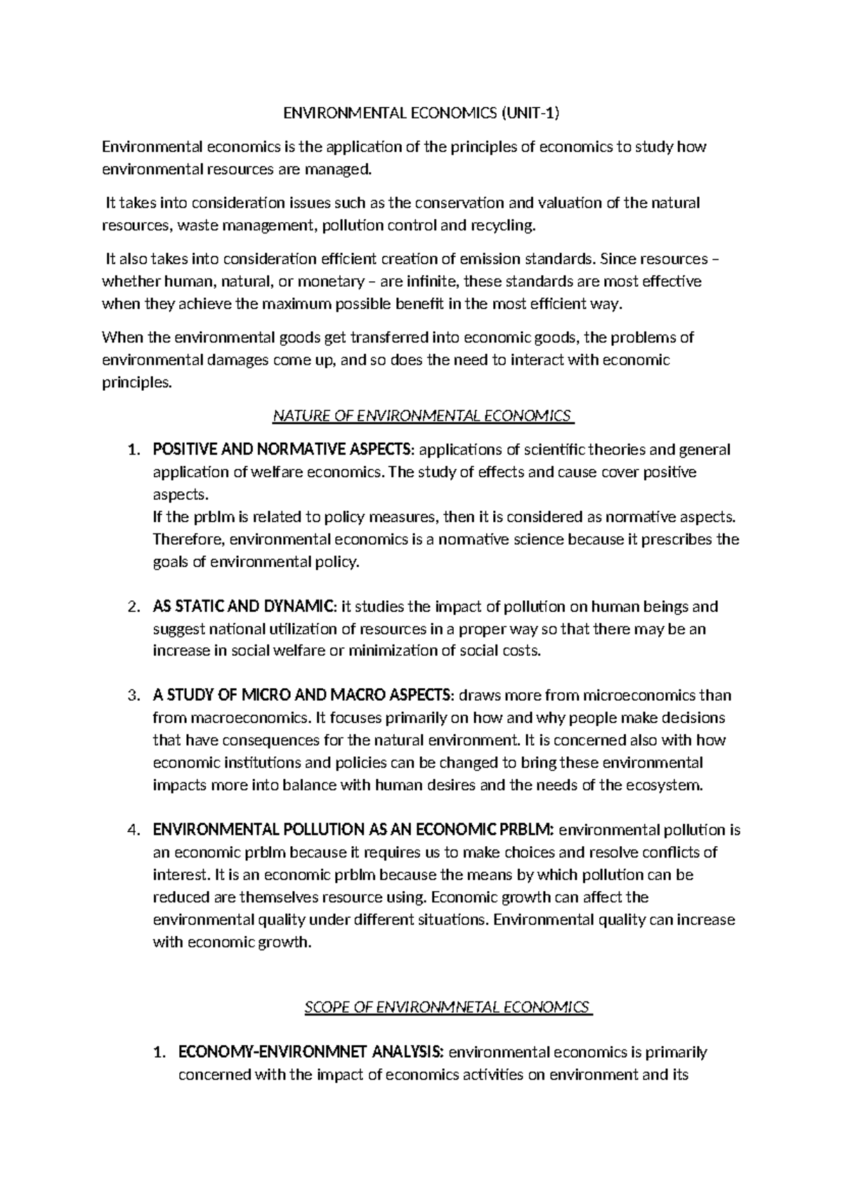 ENV 101: Comprehensive Notes on Environmental Economics Concepts - Studocu