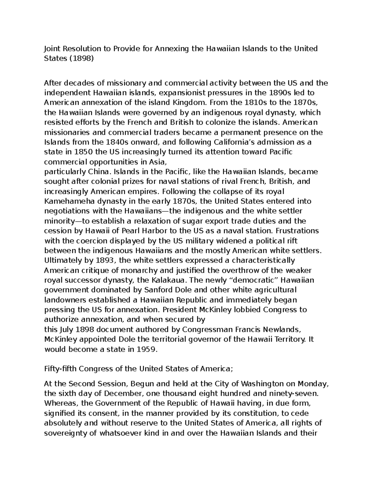 Joint Resolution for Annexing the Hawaiian Islands to the US (1898 ...