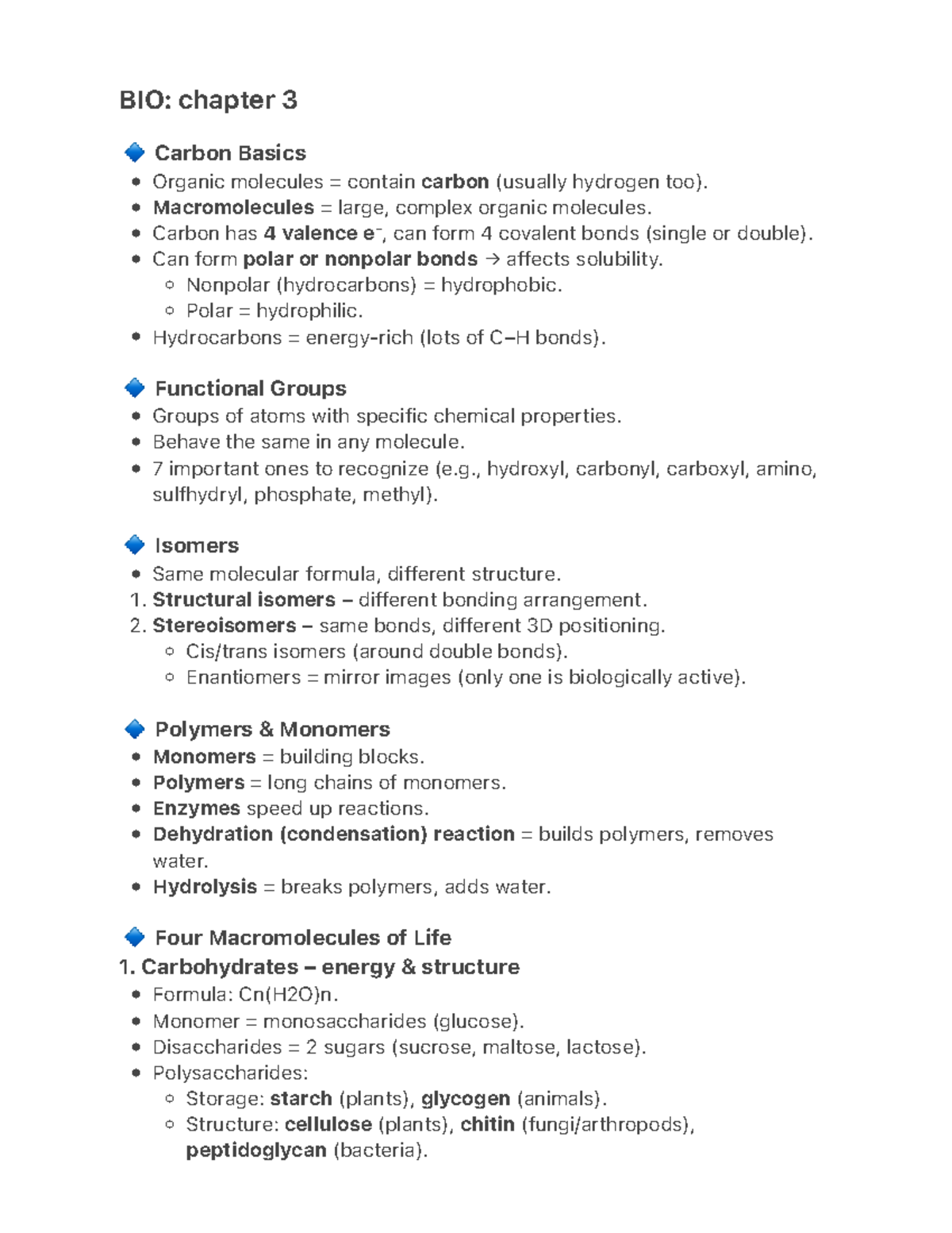 BIO: Chapter 3 - Carbon Basics Study Notes for Exam 1 - Studocu