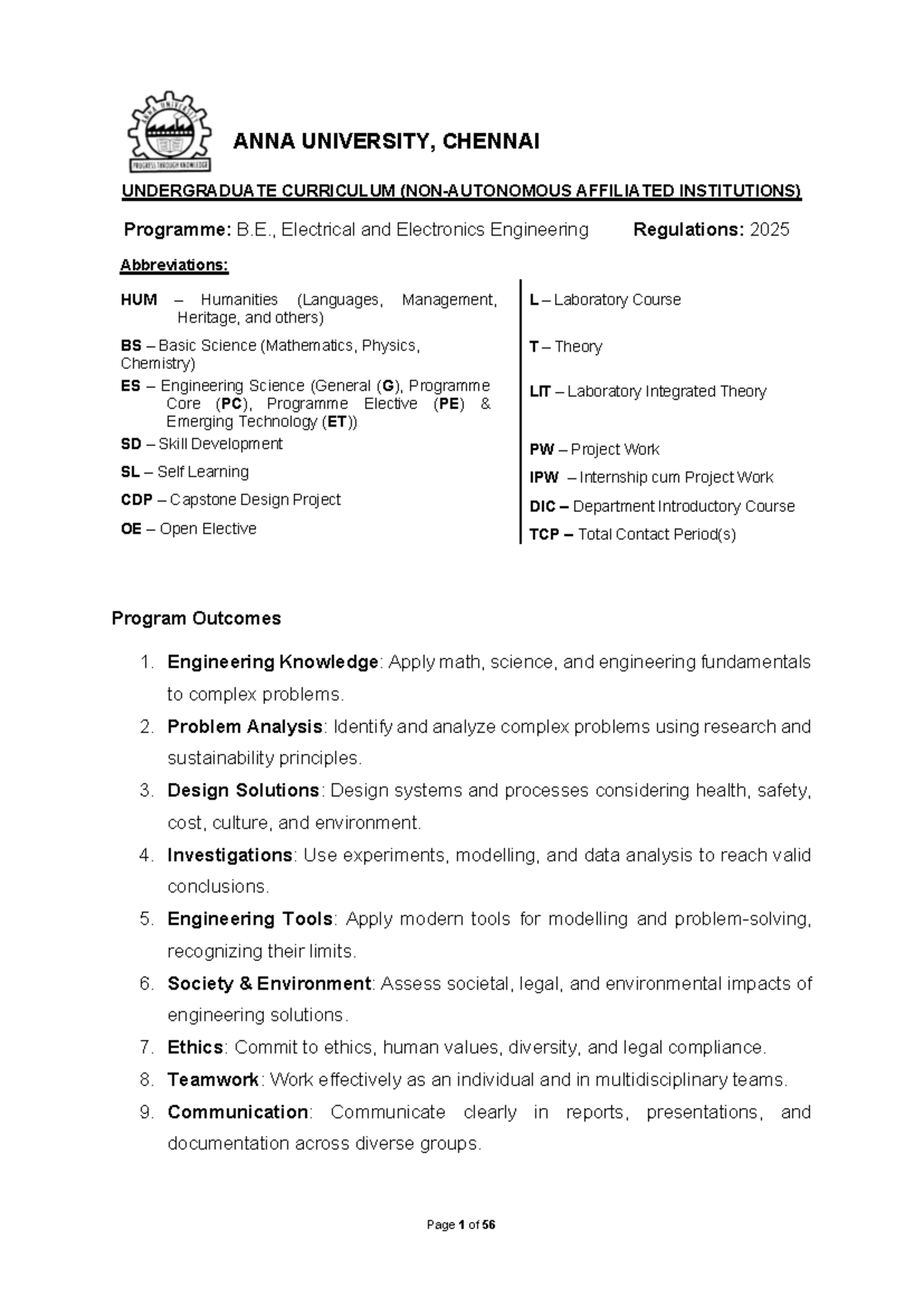 B.E. EEE Curriculum Overview and Course Details (Regulations 2025 ...