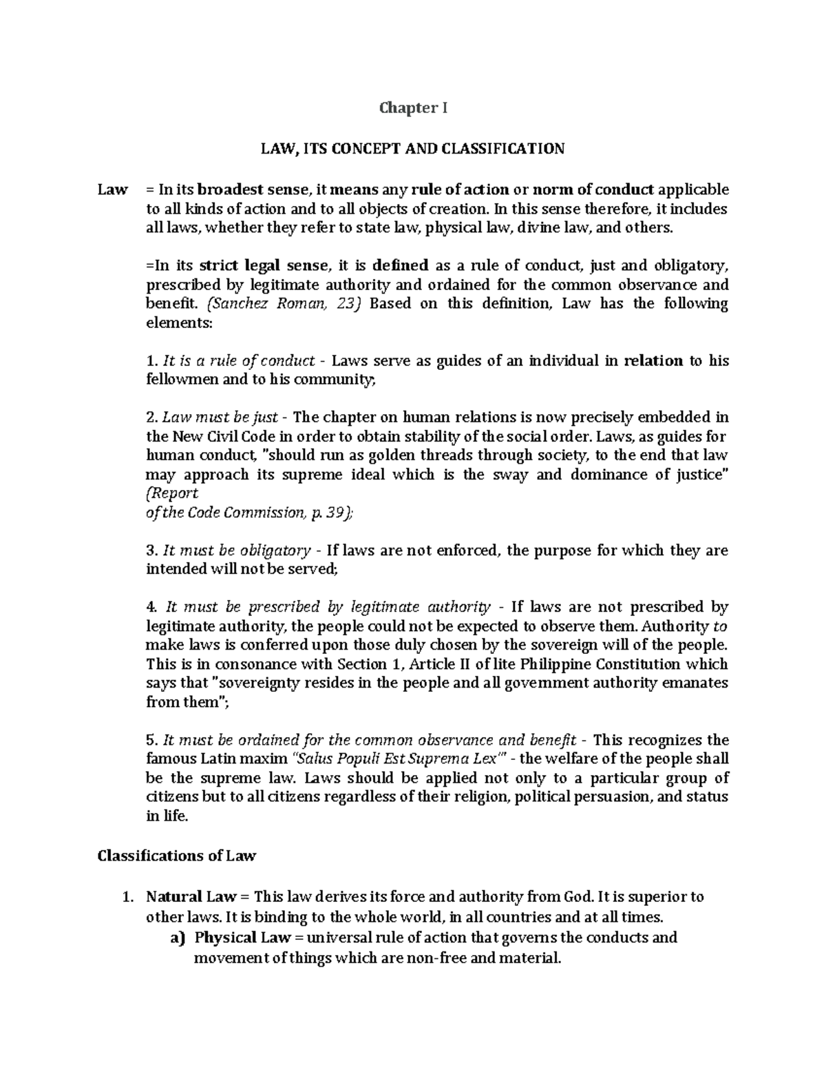 LAW 101: Chapter I - Concept and Classification of Law - Studocu