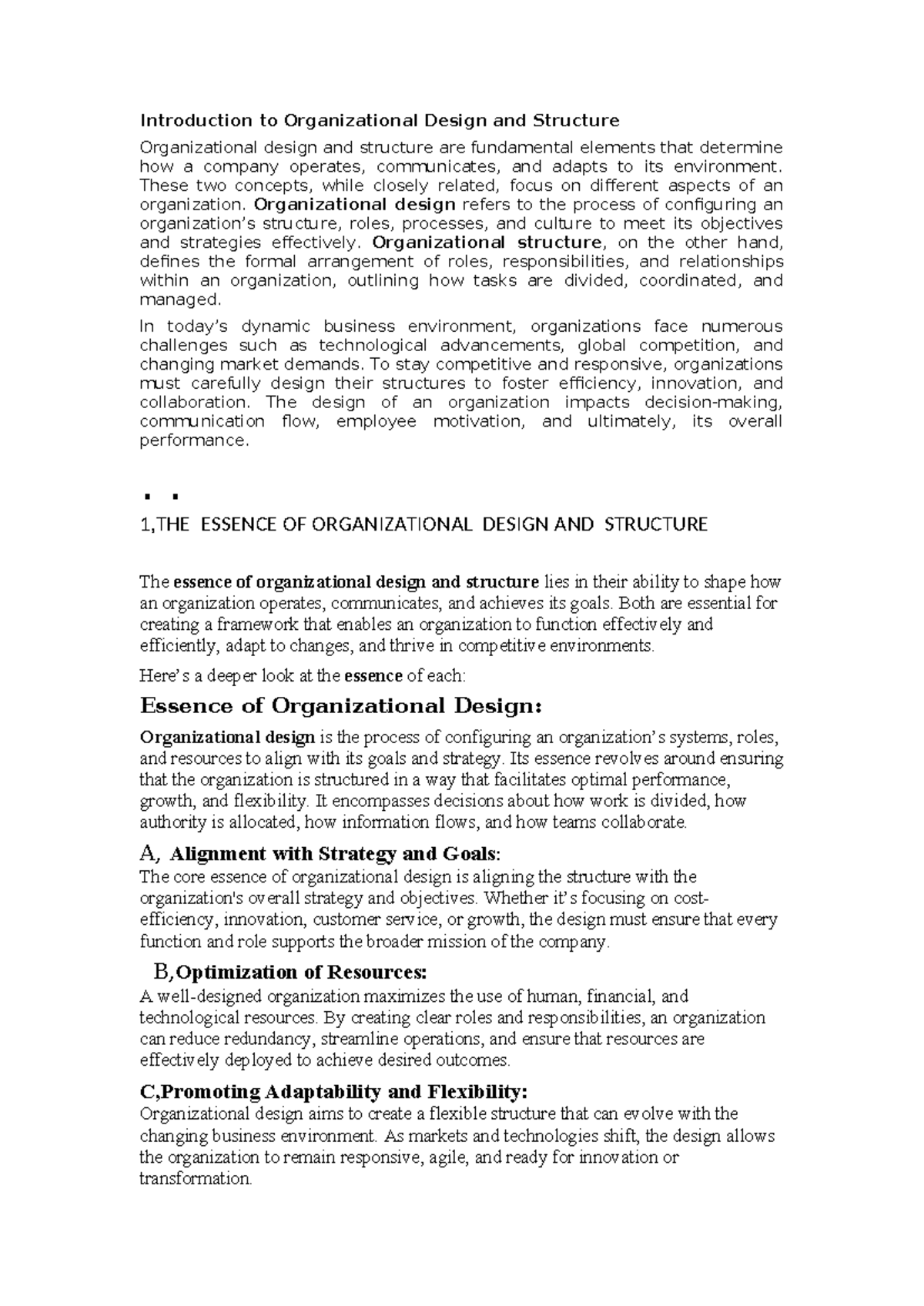 Ade OB Assignment - Introduction to Organizational Design and Structure ...