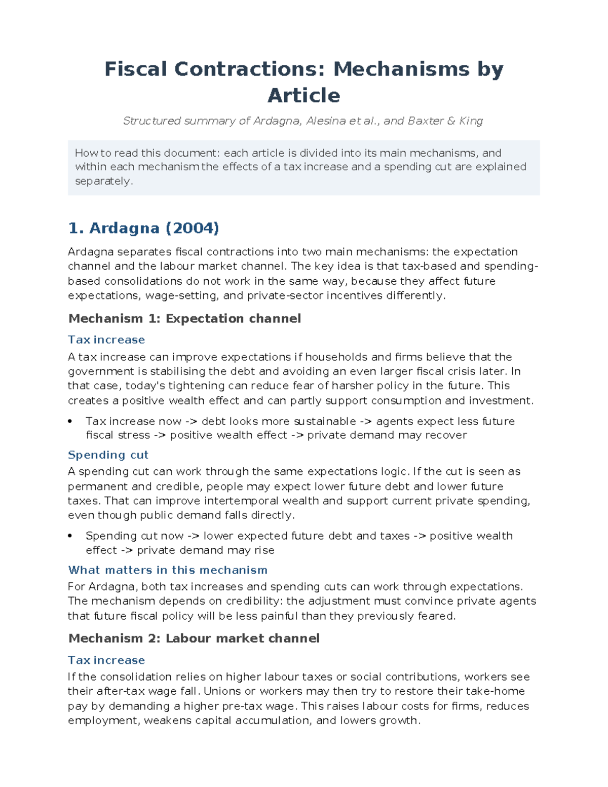 Fiscal Contractions Mechanisms: Summary of Ardagna, Alesina, Baxter ...