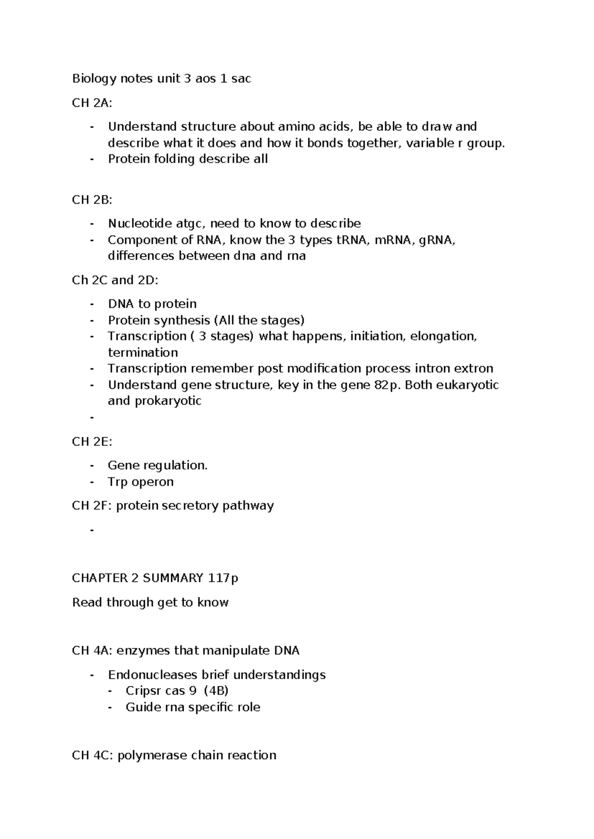 Biology Notes Unit 3 AOS 1 SAC: Amino Acids, RNA, and Protein Synthesis ...