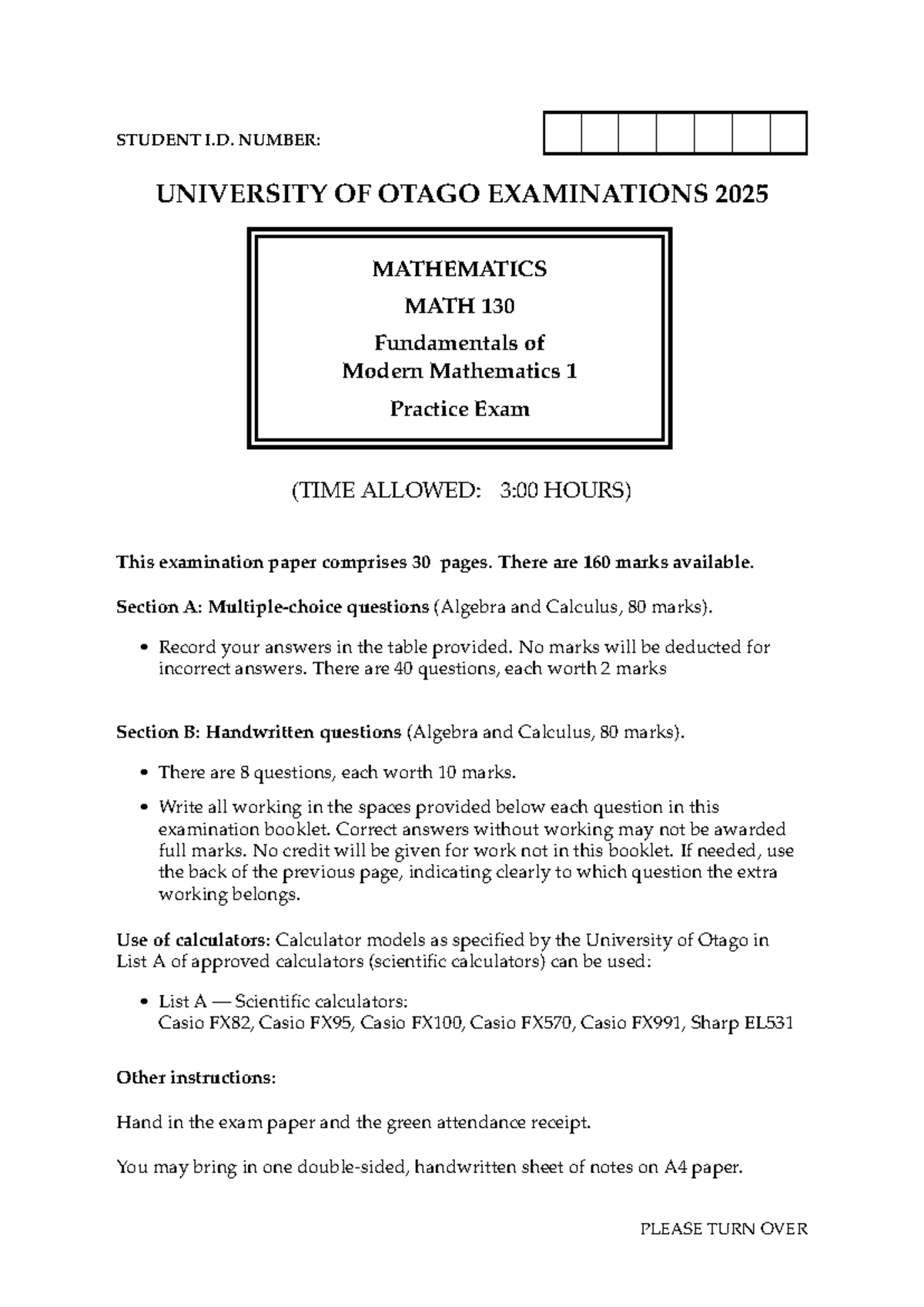 2025 MATH 130 Fundamentals of Modern Mathematics 1 Practice Exam - Studocu