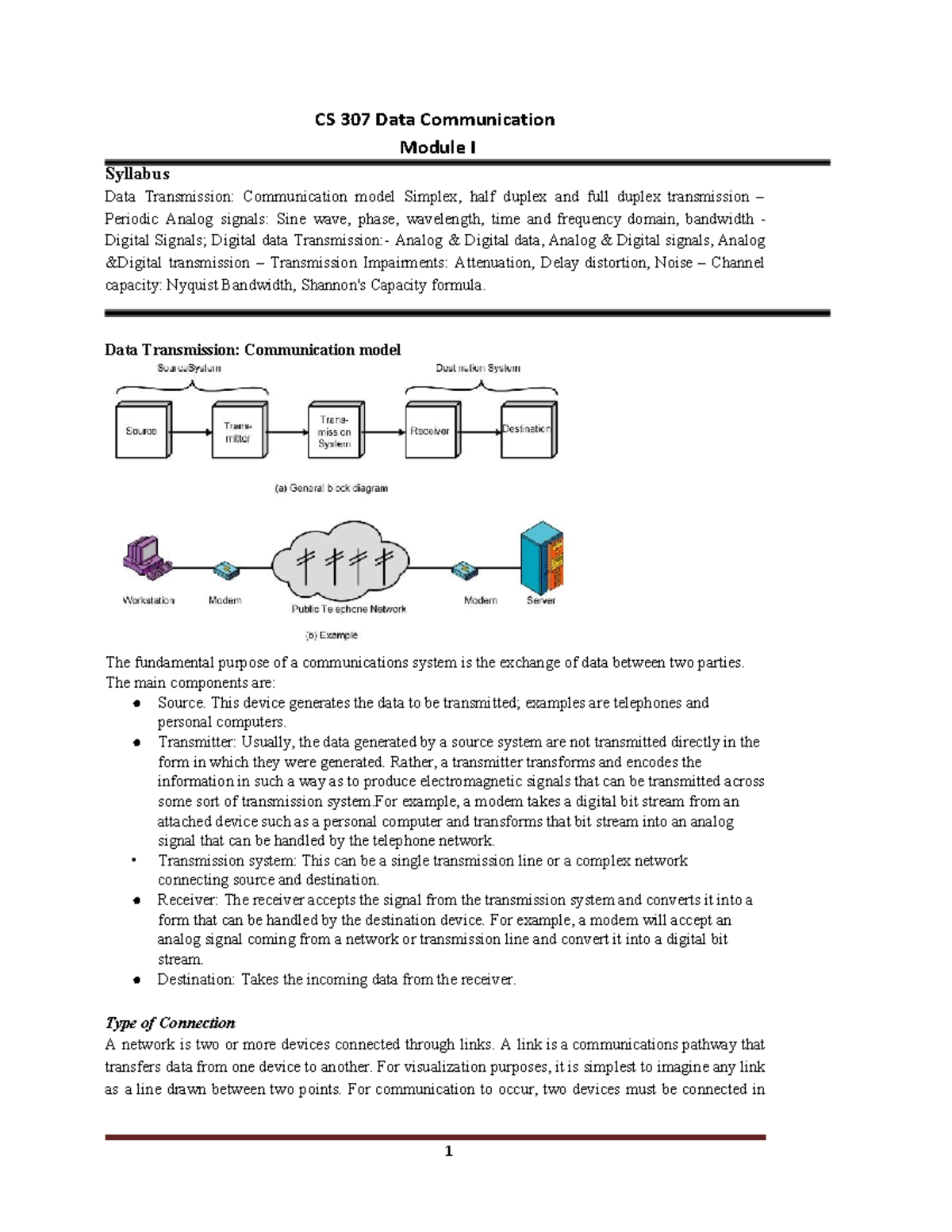 CS 307 Data Communication Module I: Syllabus on Data Transmission ...