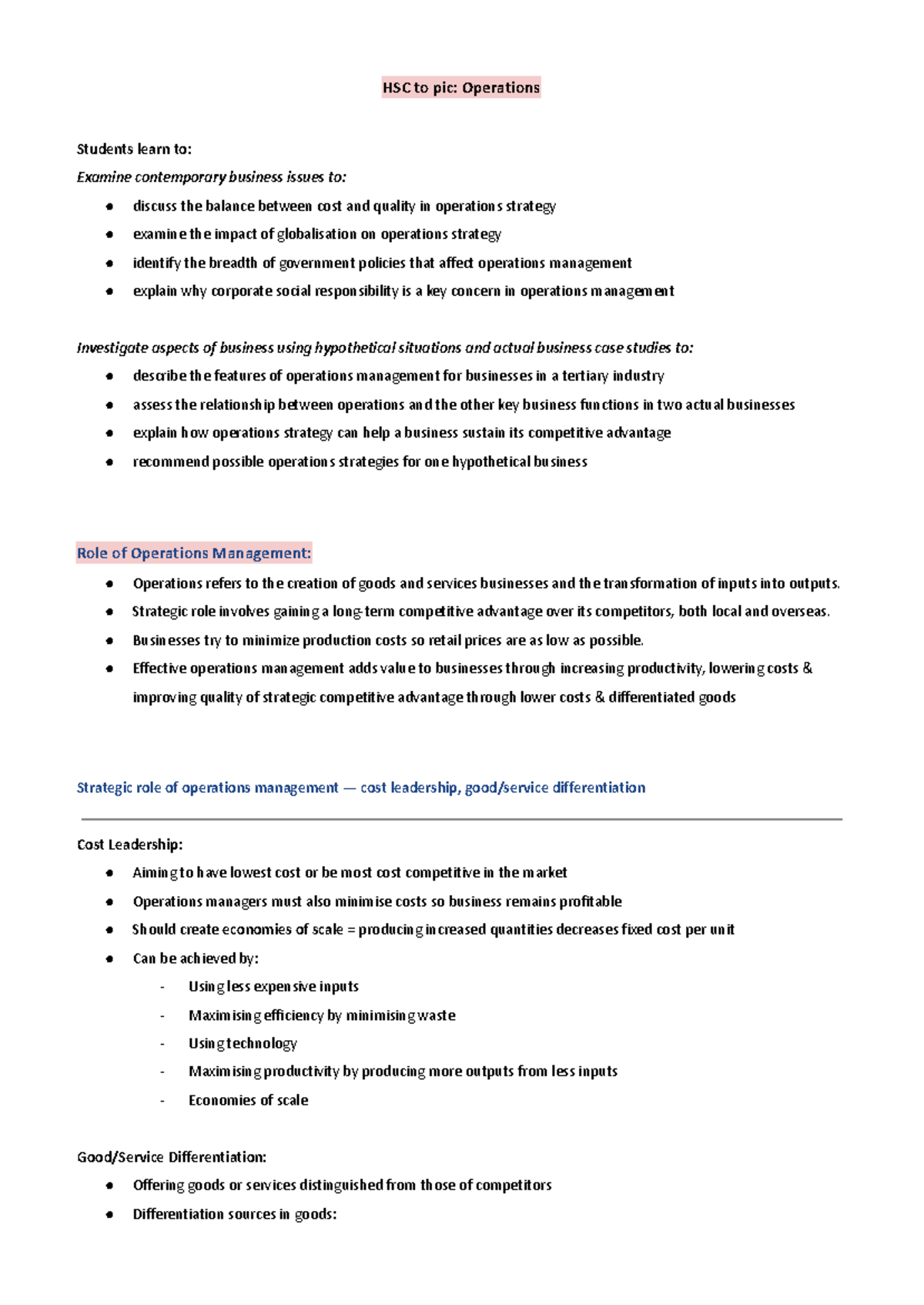 HSC Business Studies: Operations Management Notes by Vicky Nguyen - Studocu