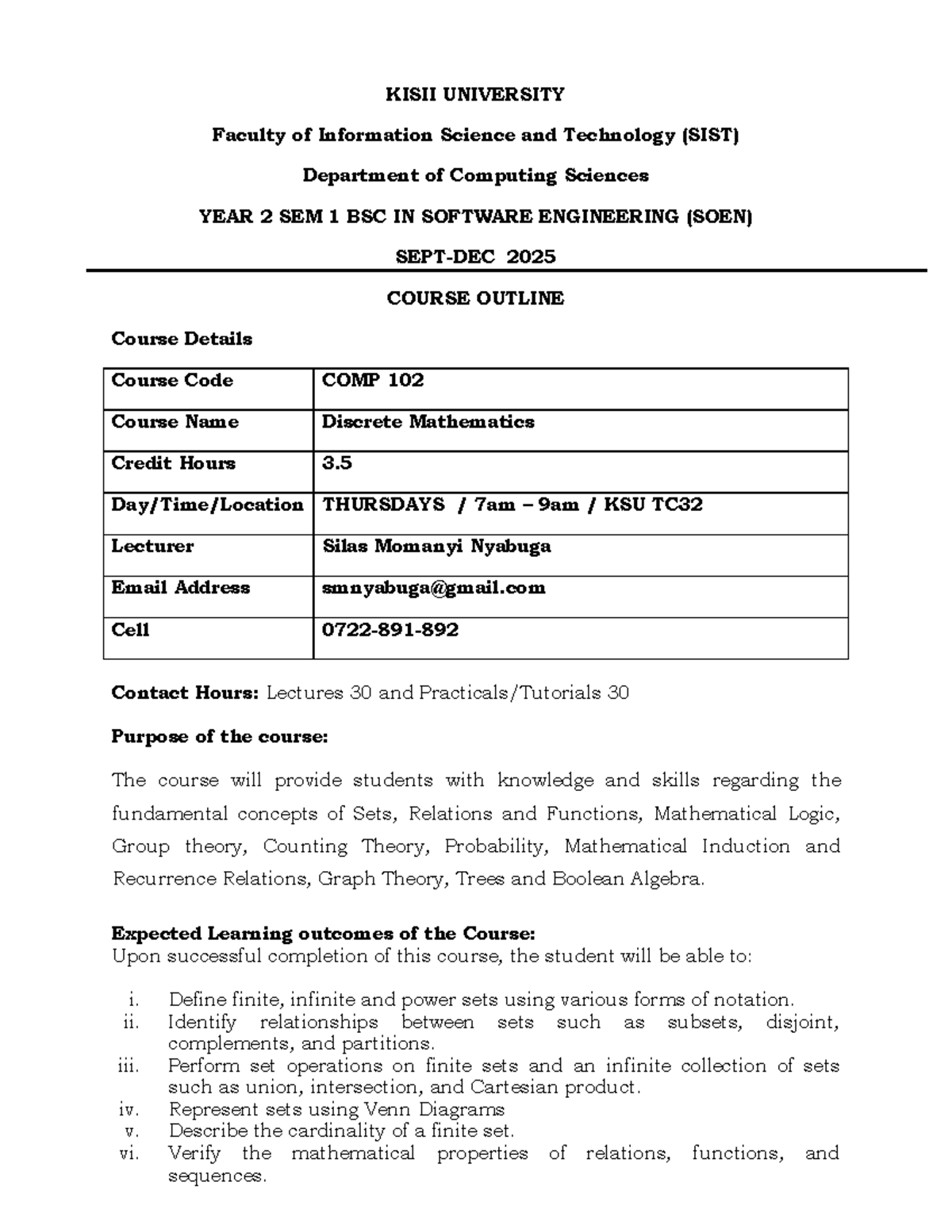 COMP 102 Discrete Mathematics Course Outline - Year 2 Sem 1 - Studocu