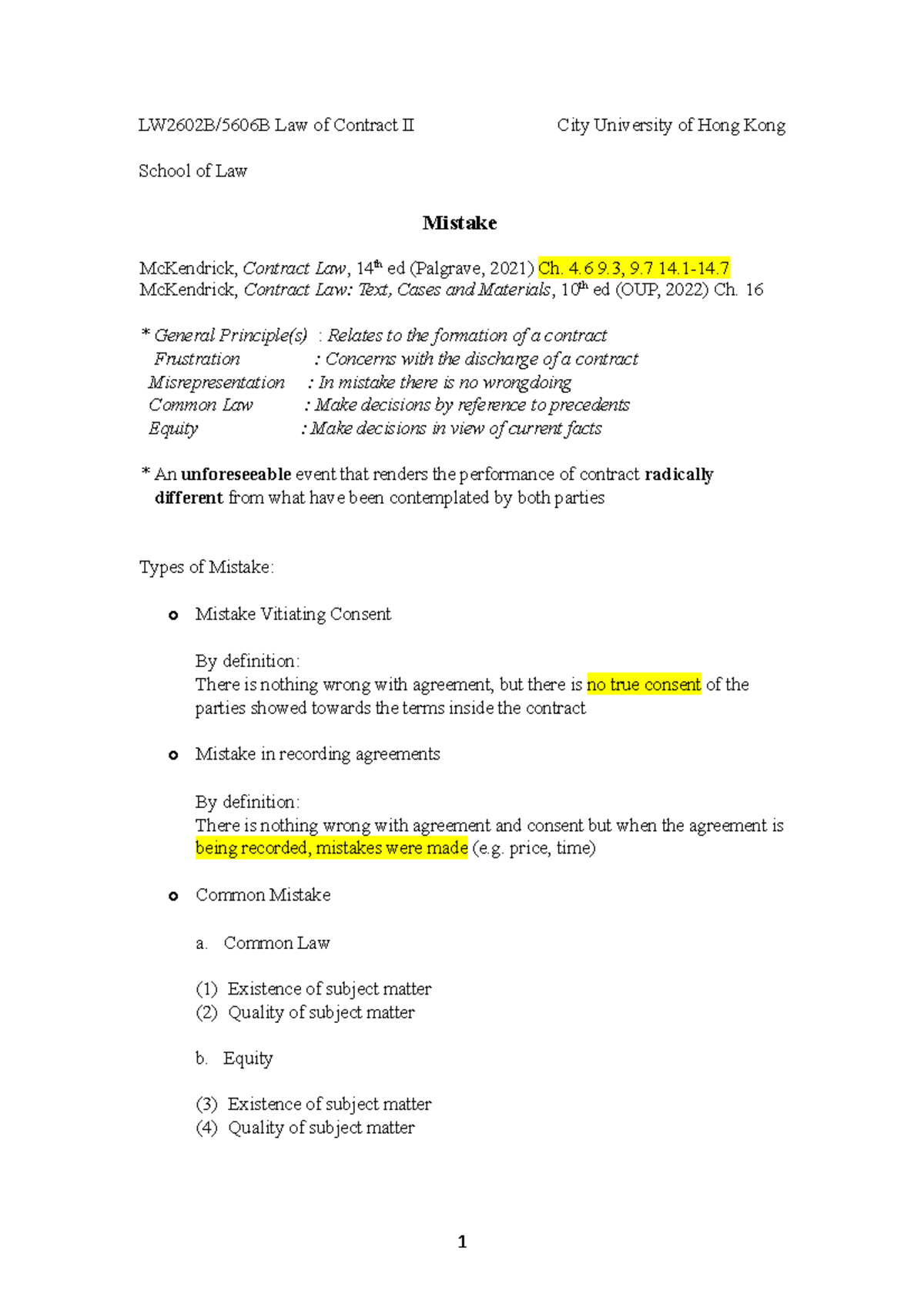 LW2602B/5606B Final Exam Notes on Mistakes in Contract Law - Studocu
