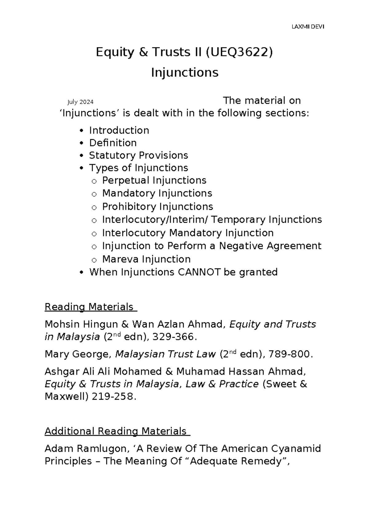 Injunctions Overview: Equity & Trusts II (UEQ3622) Study Notes - Studocu