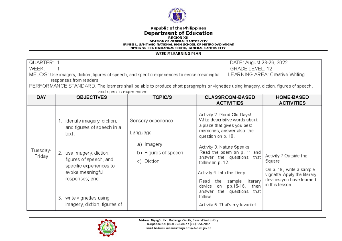 Weekly Learning Plan for Creative Writing 1 (Grade 12) - Studocu