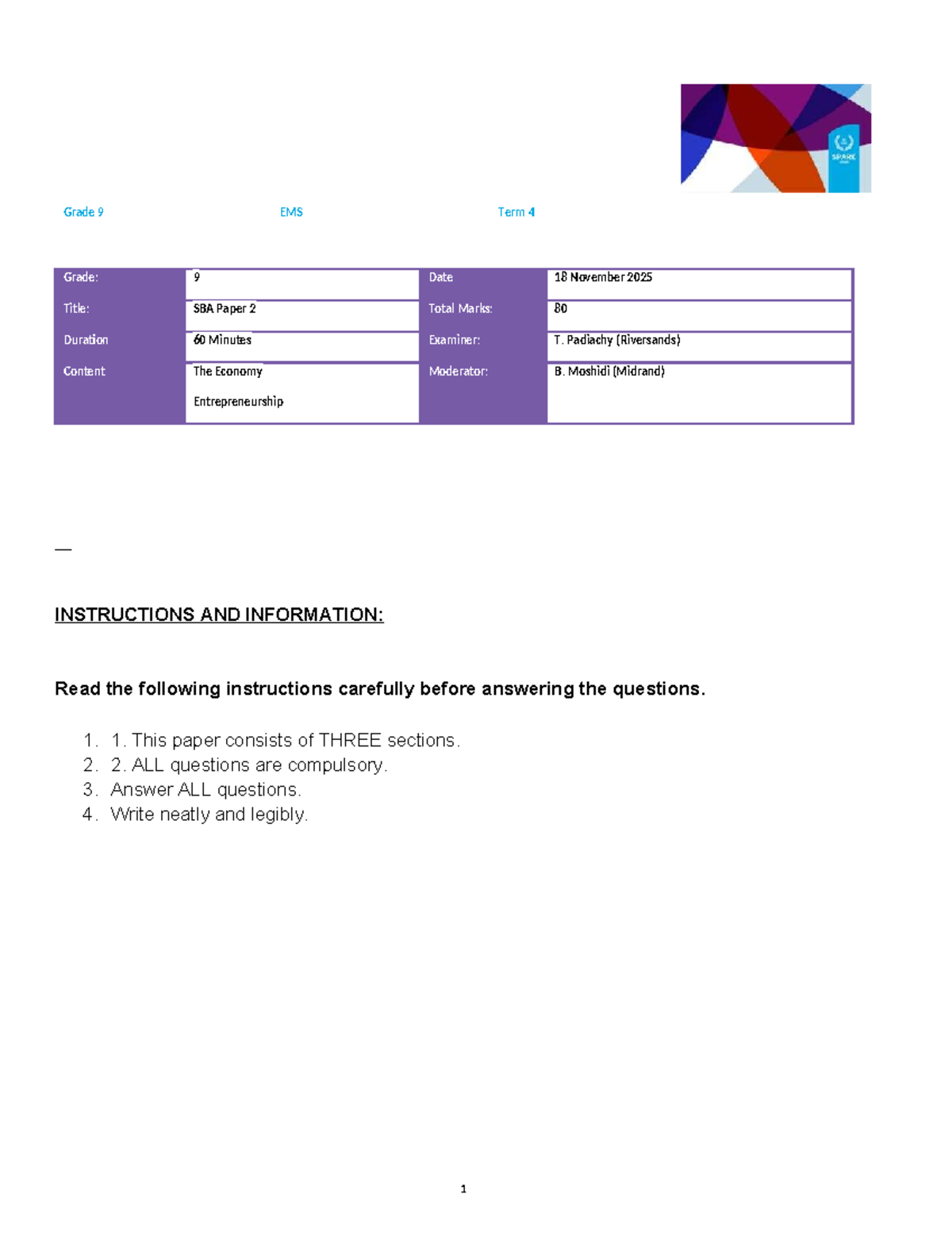 Grade 9 EMS T4 SBA Paper 2: The Economy & Entrepreneurship Exam - Studocu