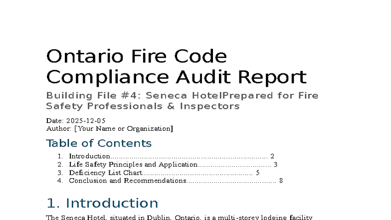 Ontario Fire Code Compliance Audit Report: Seneca Hotel Findings - Studocu