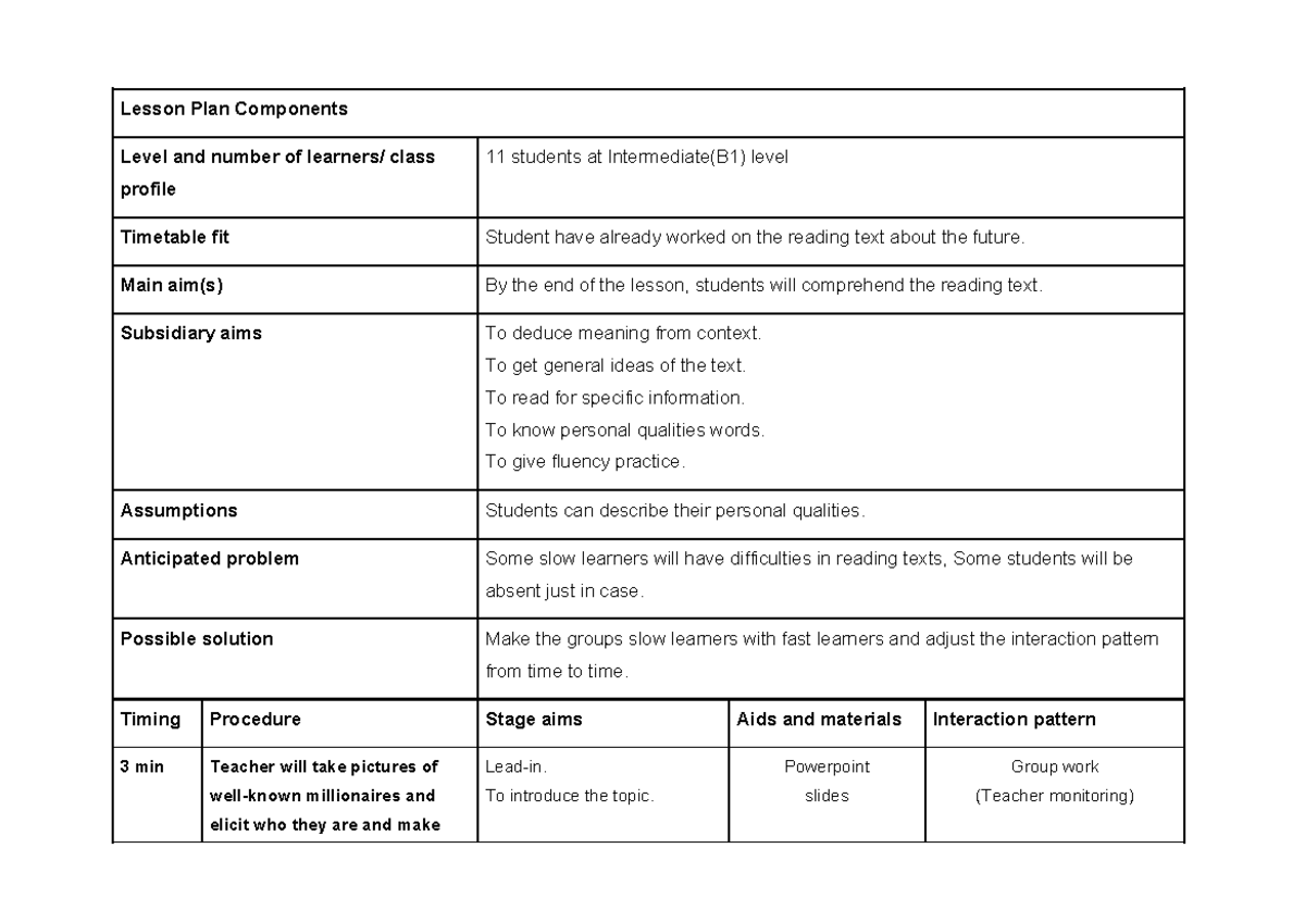 Lesson Plan Format (5) - English for Intermediate Learners - Studocu