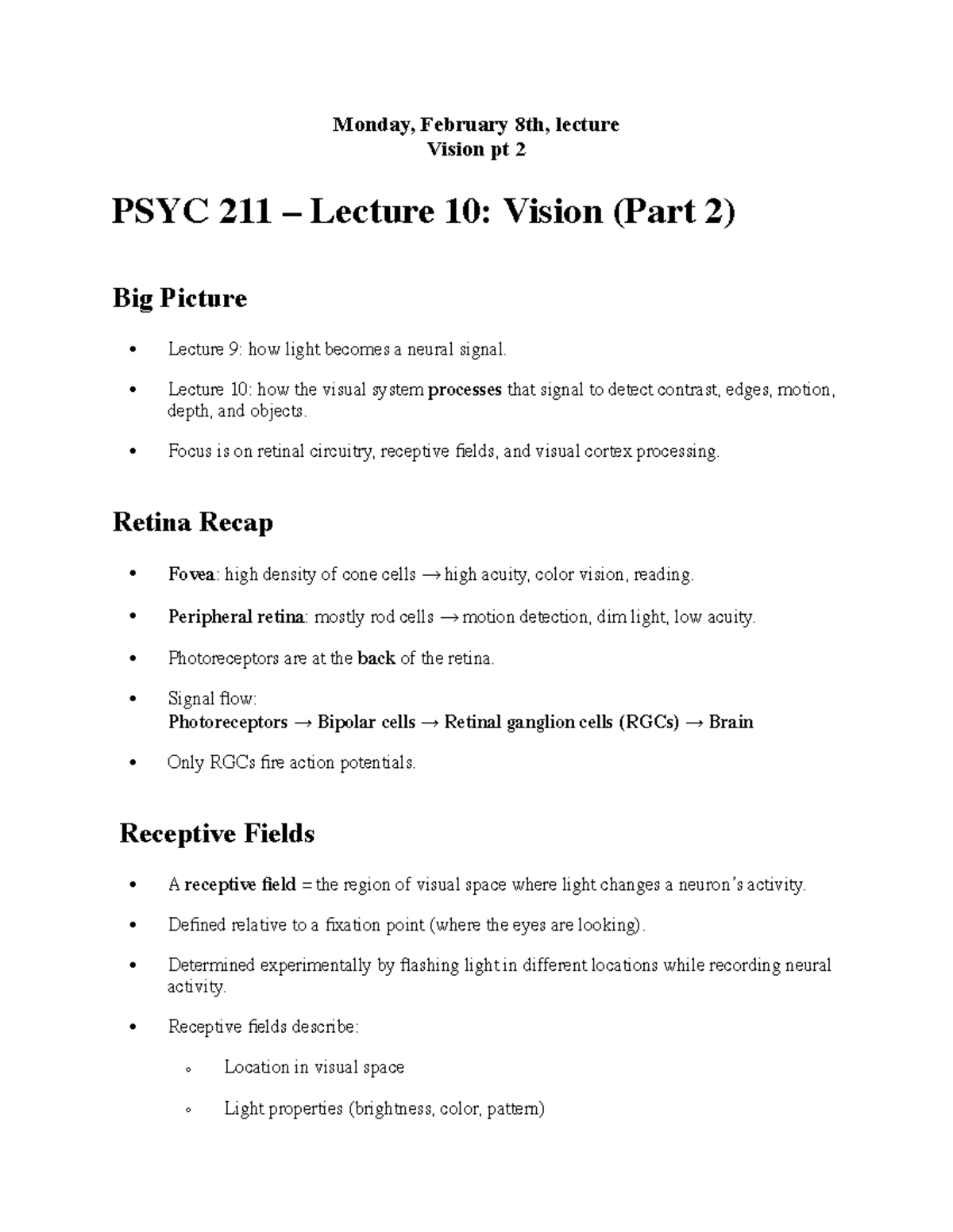 PSYC 211 Lecture 10: Vision Processing and Retinal Circuits - Studocu