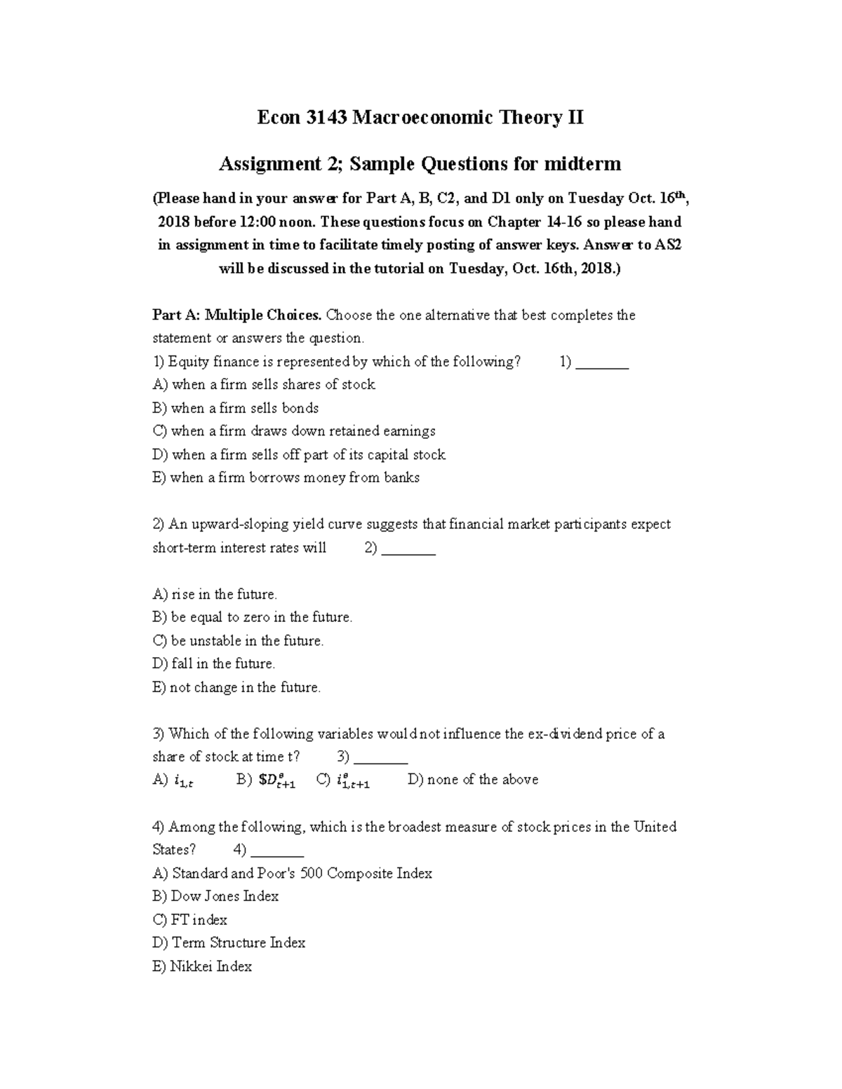 Econ 3143 Midterm Assignment 2: Sample Questions on Macroeconomic ...