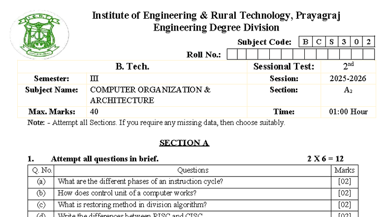 Sessional Test Paper BCS-302: Computer Organization & Architecture ...